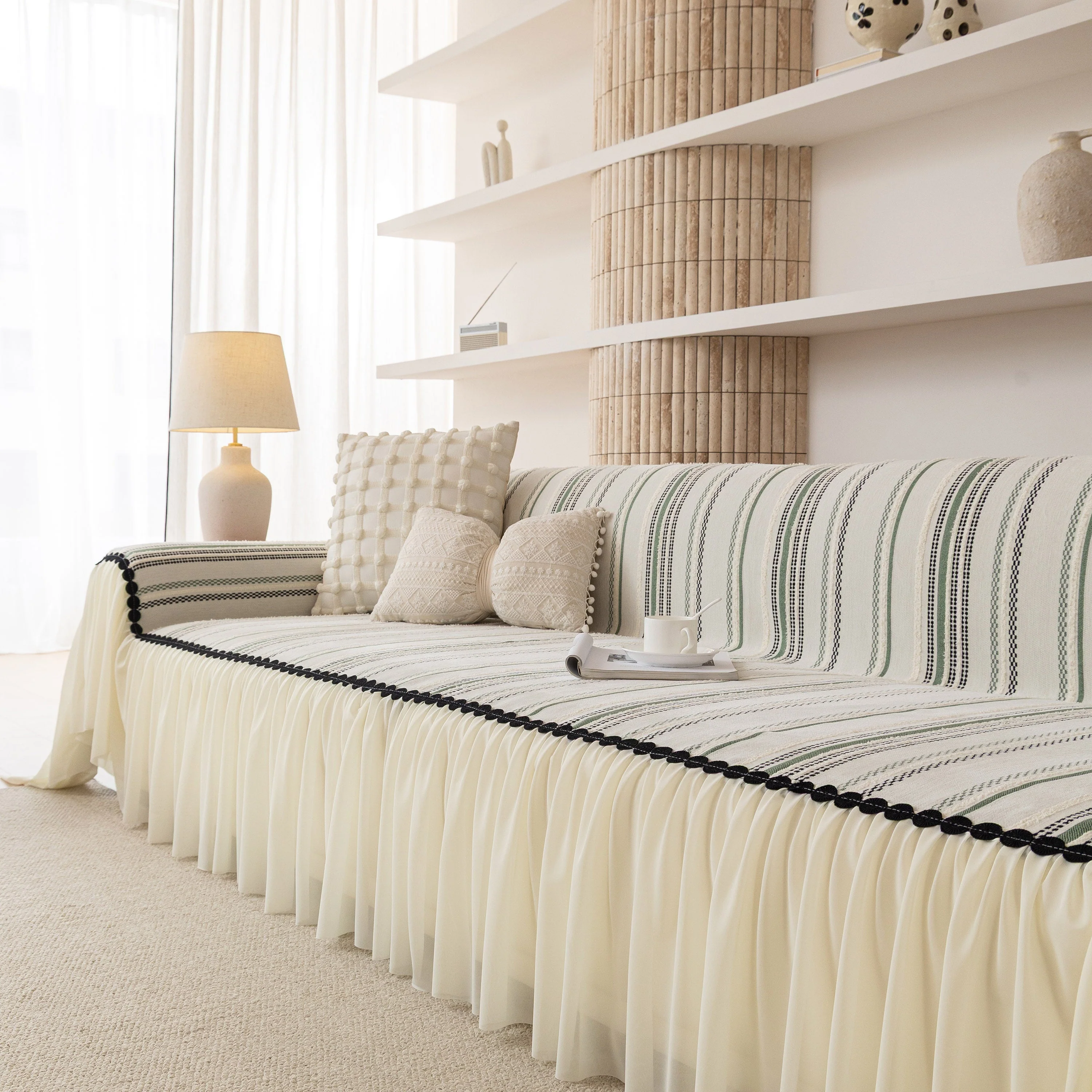 Boho Striped Couch Cover with Sheer Ruffle Skirt, Decorative Couch Throw Blanket - Image 27