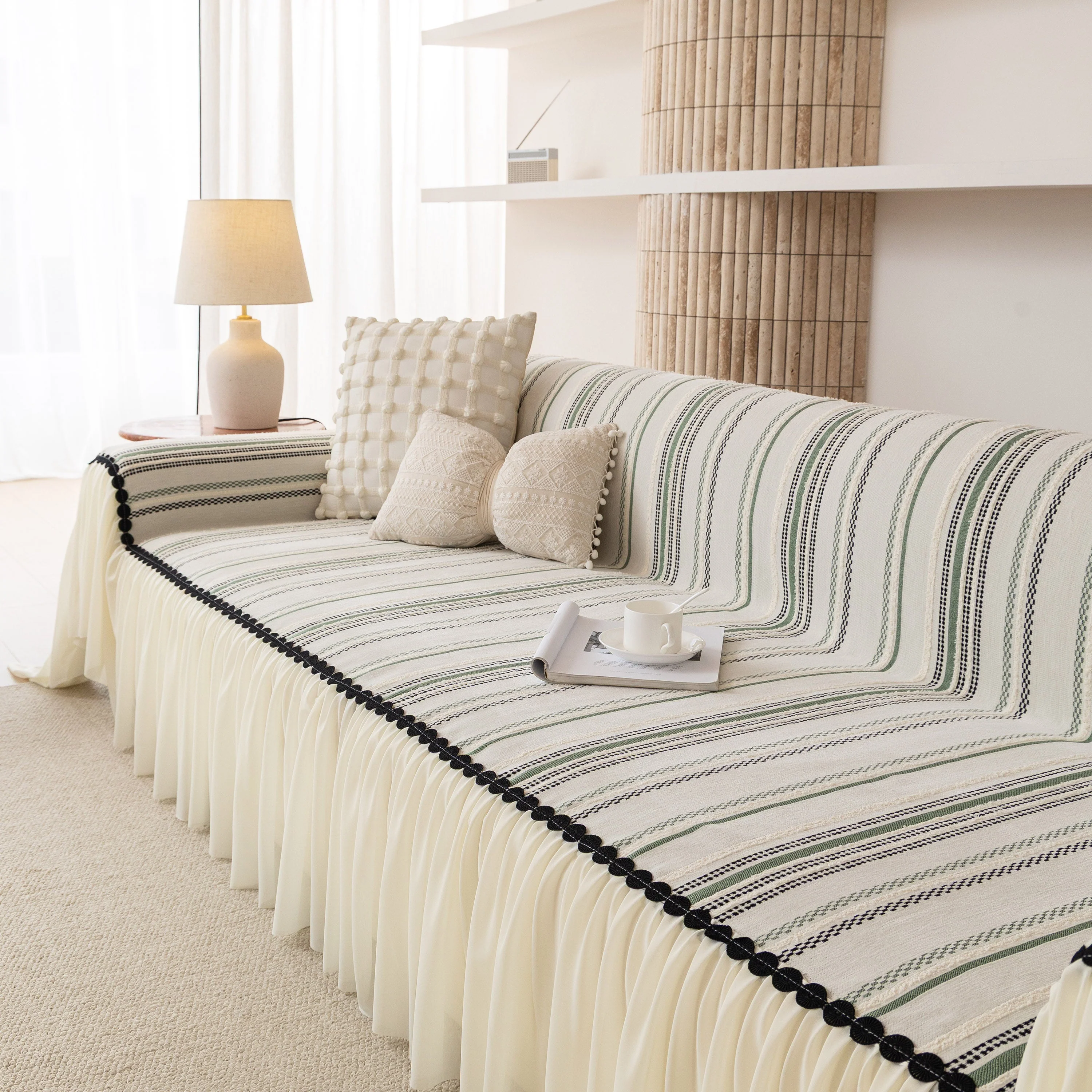 Boho Striped Couch Cover with Sheer Ruffle Skirt, Decorative Couch Throw Blanket - Image 28