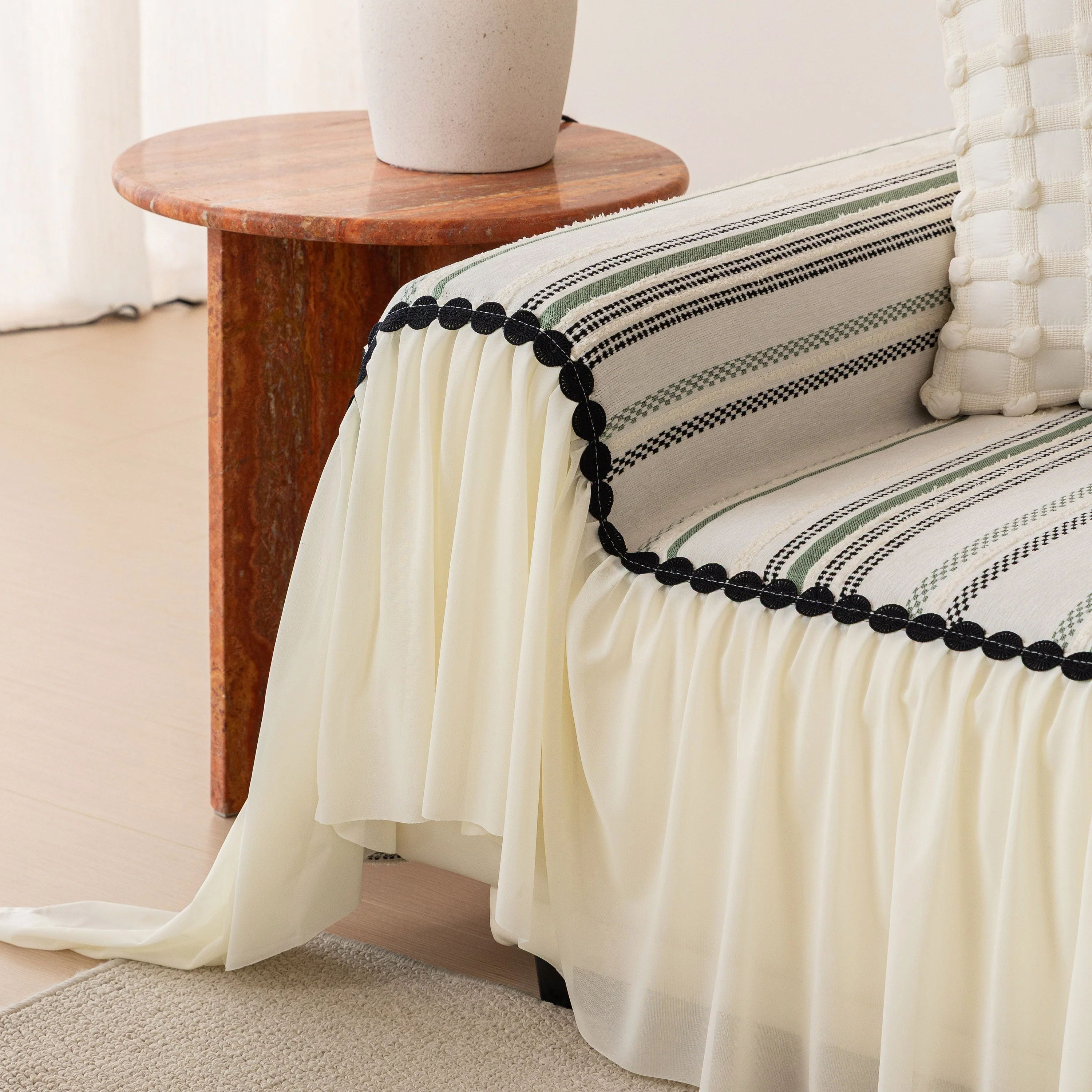 Boho Striped Couch Cover with Sheer Ruffle Skirt, Decorative Couch Throw Blanket - Image 29