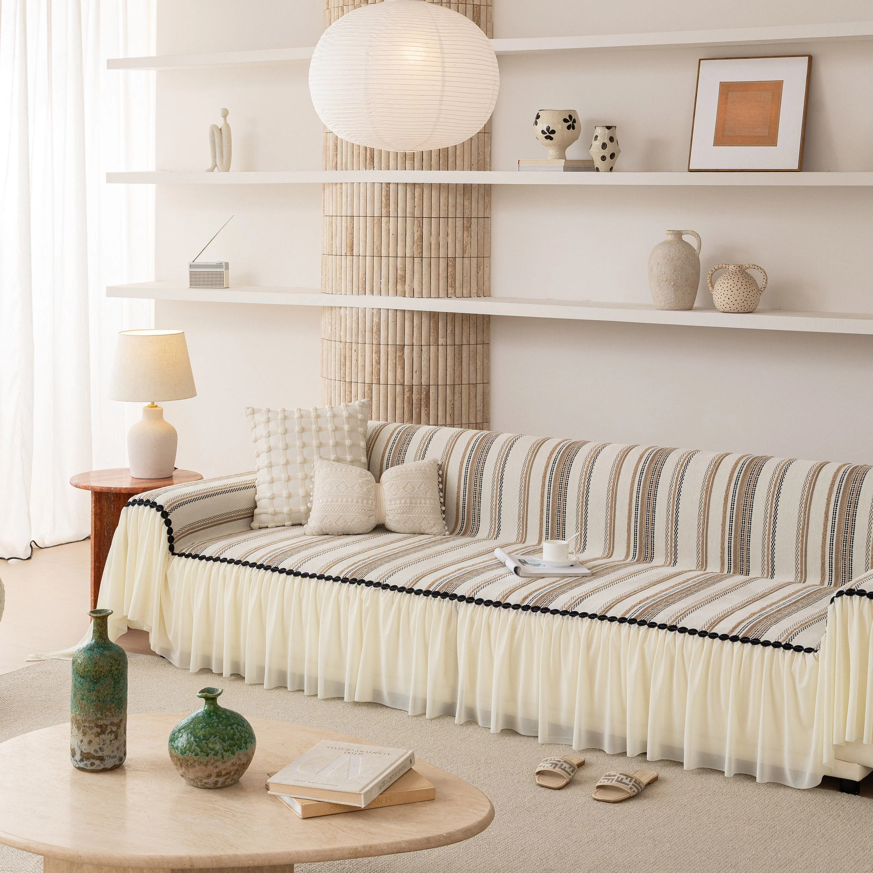 Boho Striped Couch Cover with Sheer Ruffle Skirt, Decorative Couch Throw Blanket - Image 3