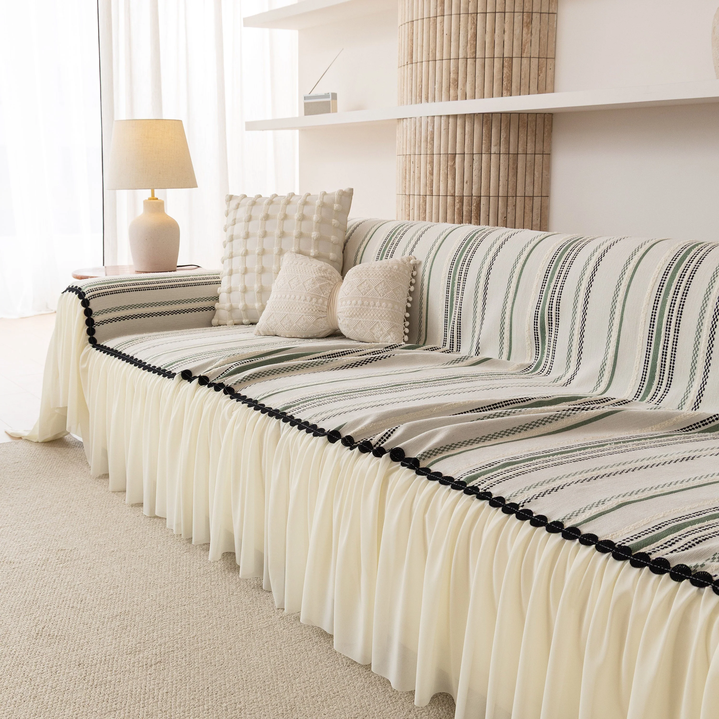 Boho Striped Couch Cover with Sheer Ruffle Skirt, Decorative Couch Throw Blanket - Image 31