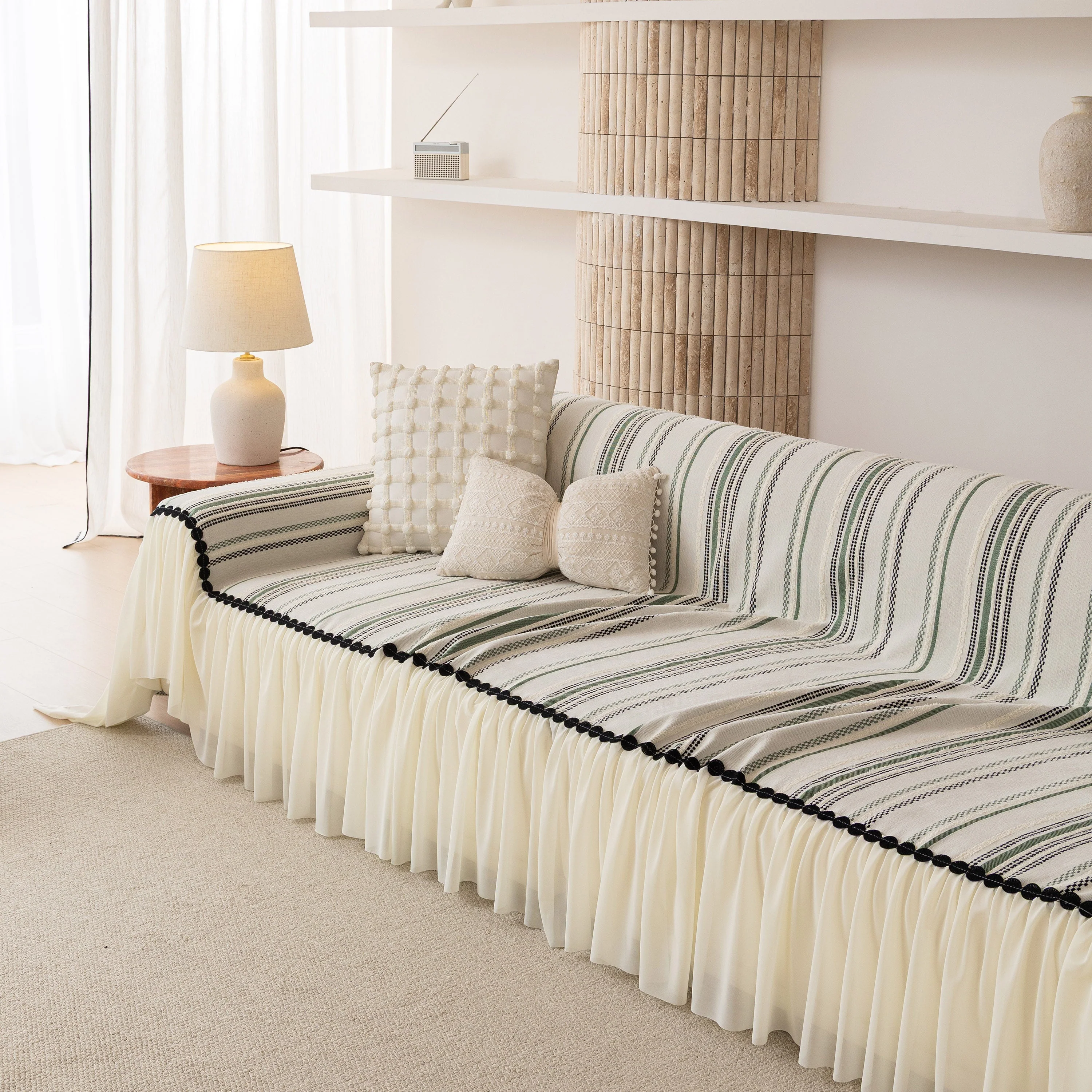 Boho Striped Couch Cover with Sheer Ruffle Skirt, Decorative Couch Throw Blanket - Image 32