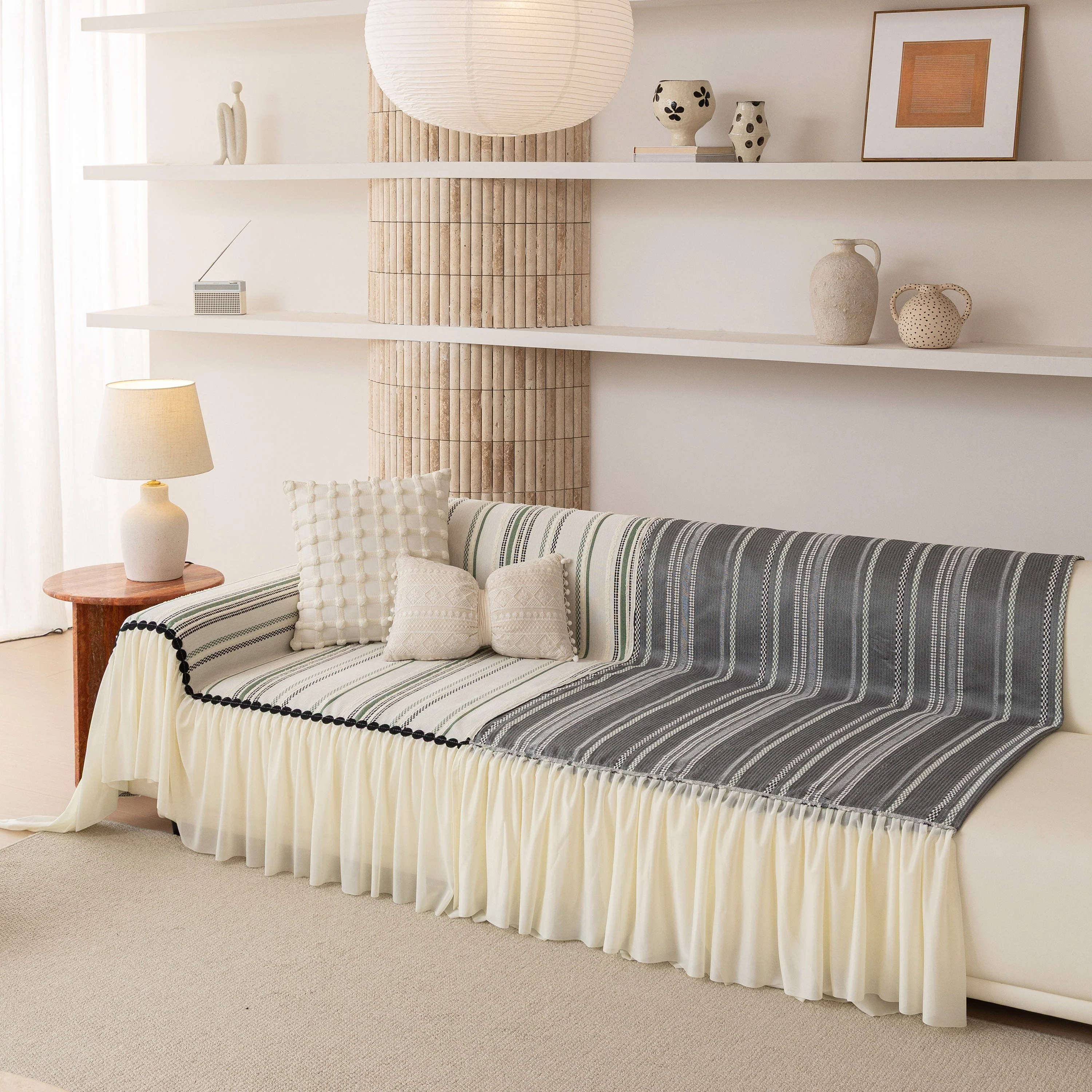 Boho Striped Couch Cover with Sheer Ruffle Skirt, Decorative Couch Throw Blanket - Image 33