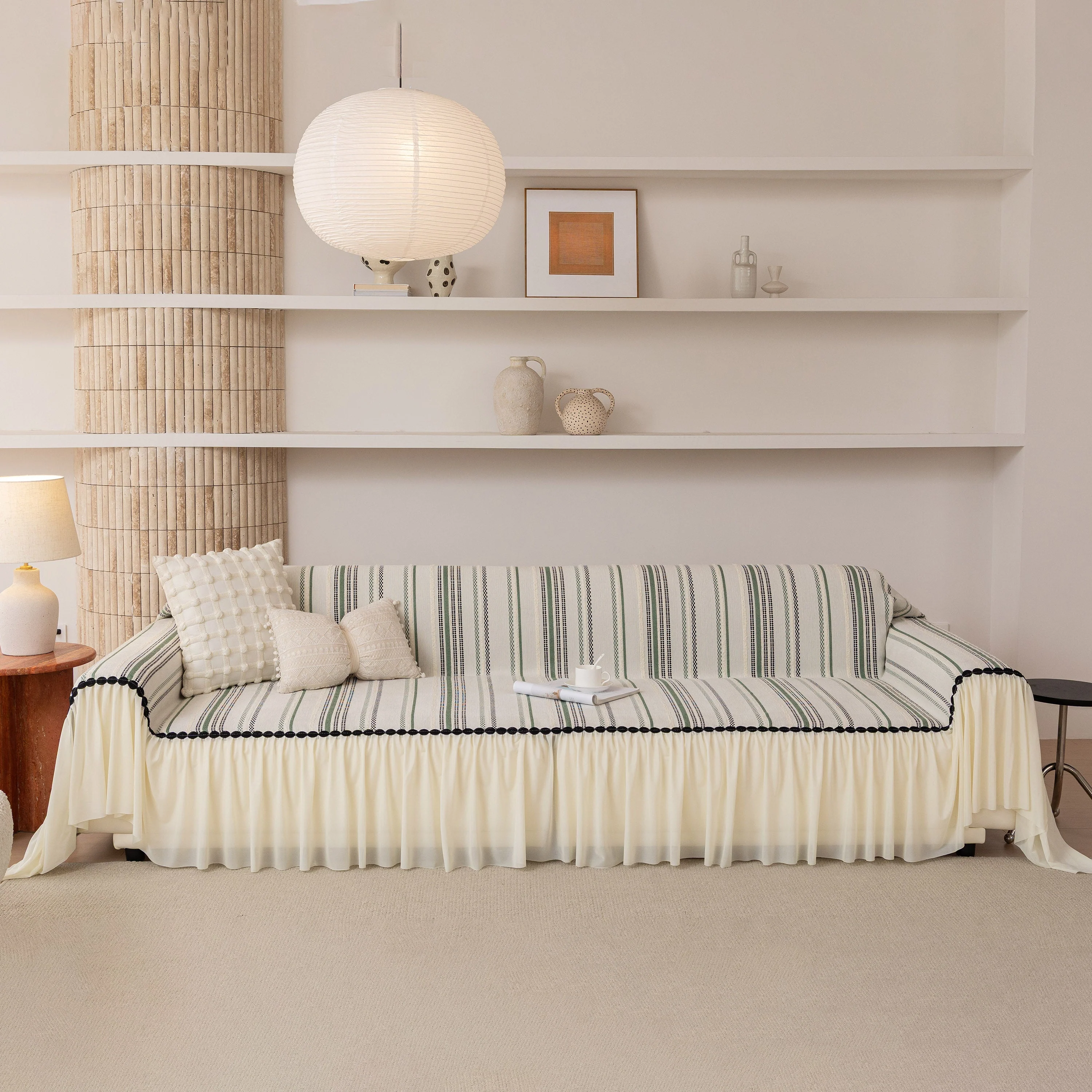 Boho Striped Couch Cover with Sheer Ruffle Skirt, Decorative Couch Throw Blanket - Image 37