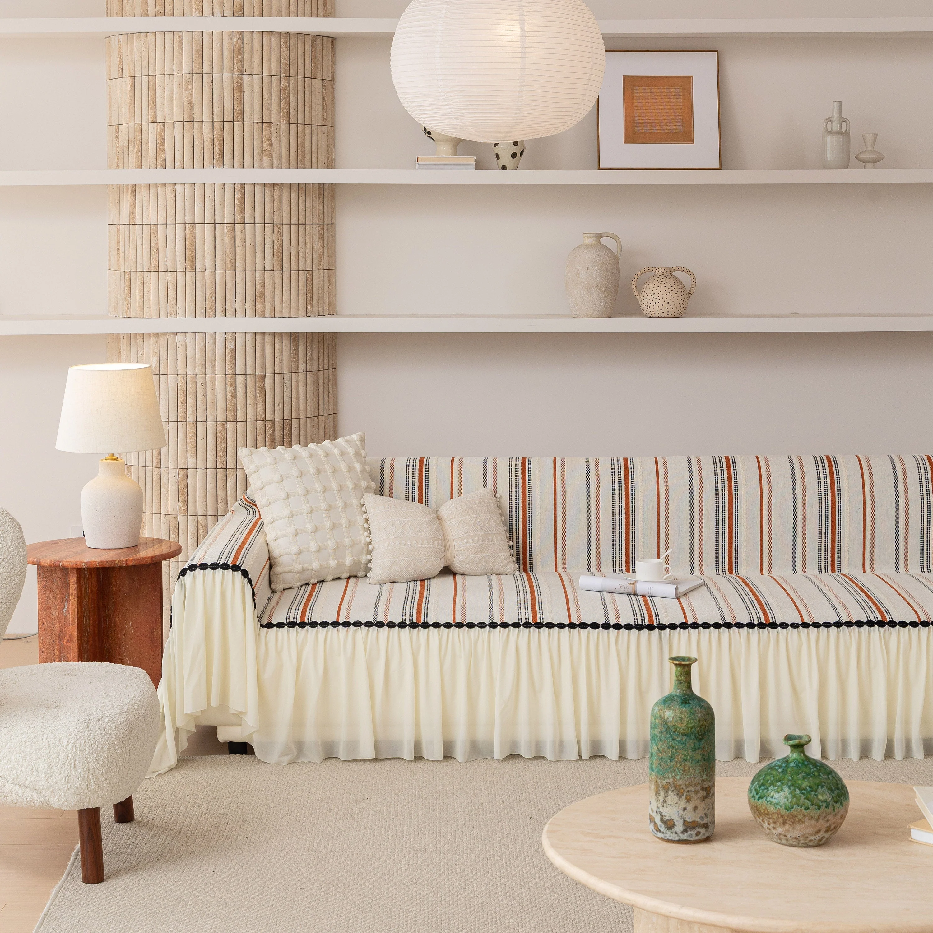 Boho Striped Couch Cover with Sheer Ruffle Skirt, Decorative Couch Throw Blanket - Image 38