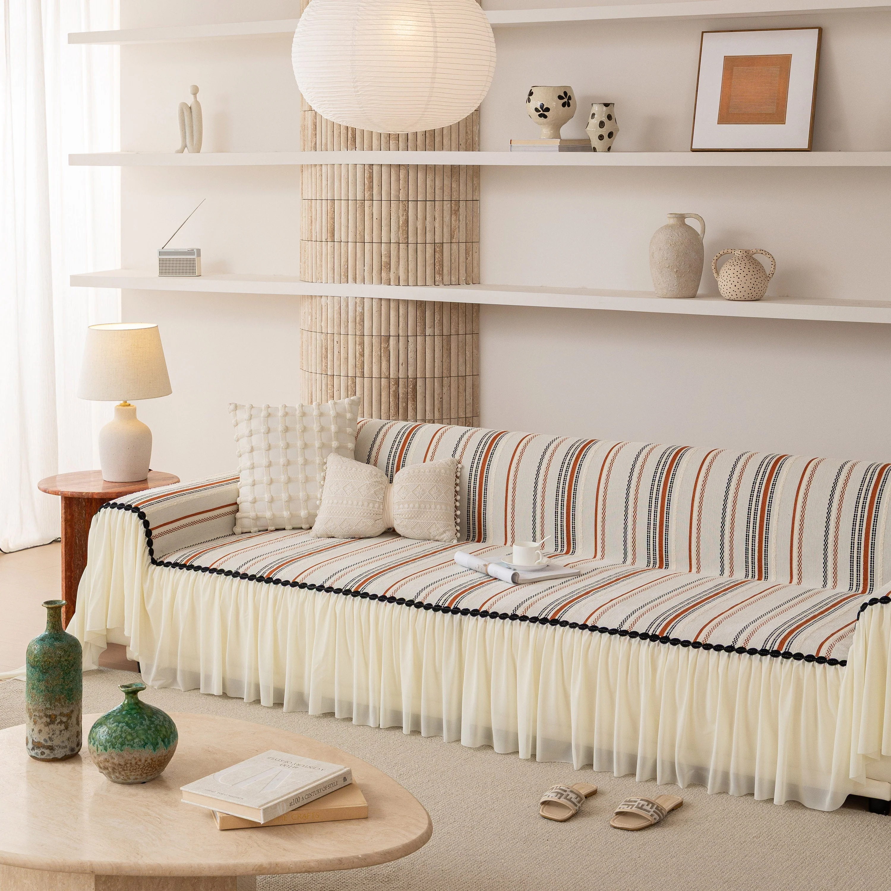 Boho Striped Couch Cover with Sheer Ruffle Skirt, Decorative Couch Throw Blanket - Image 39