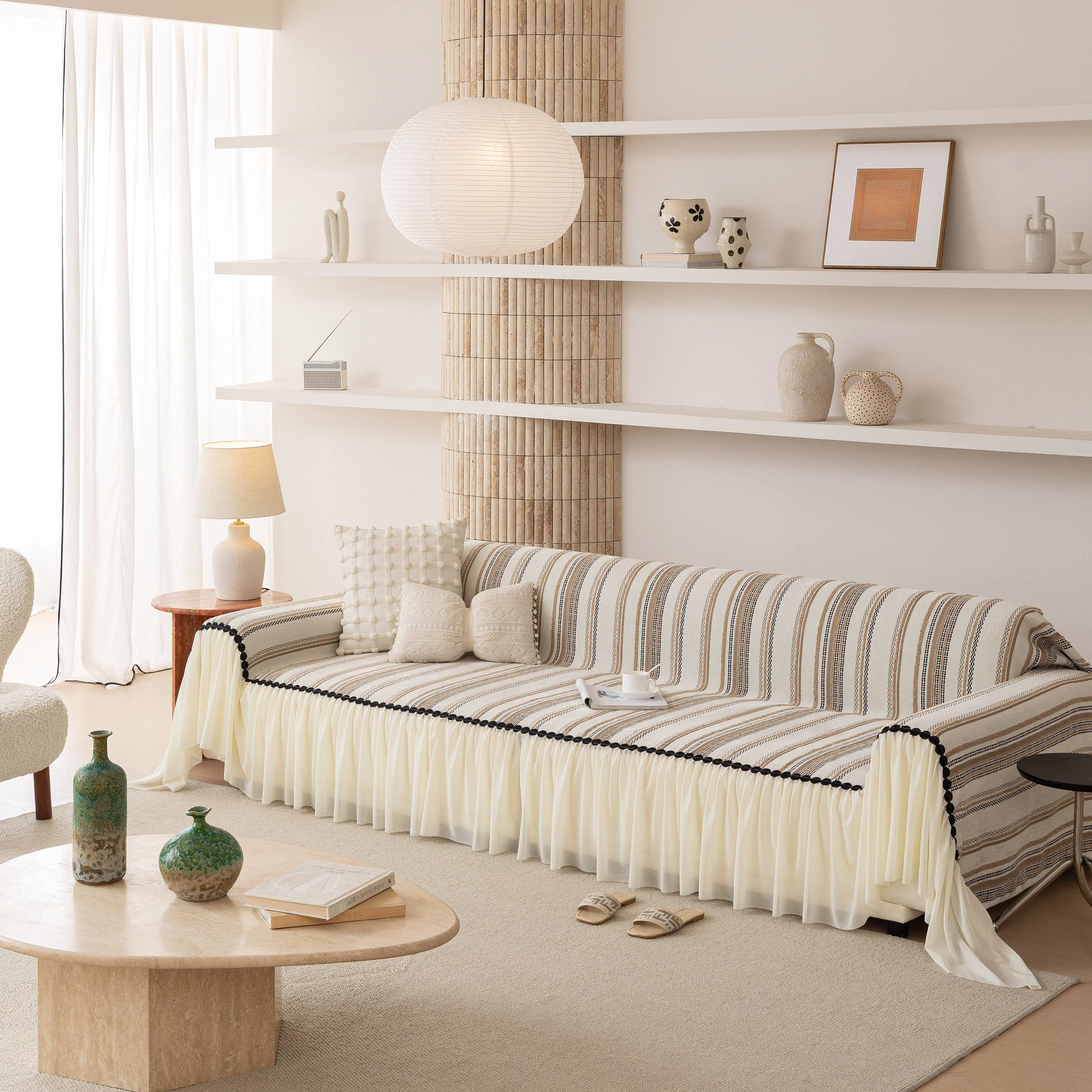 Boho Striped Couch Cover with Sheer Ruffle Skirt, Decorative Couch Throw Blanket - Image 4
