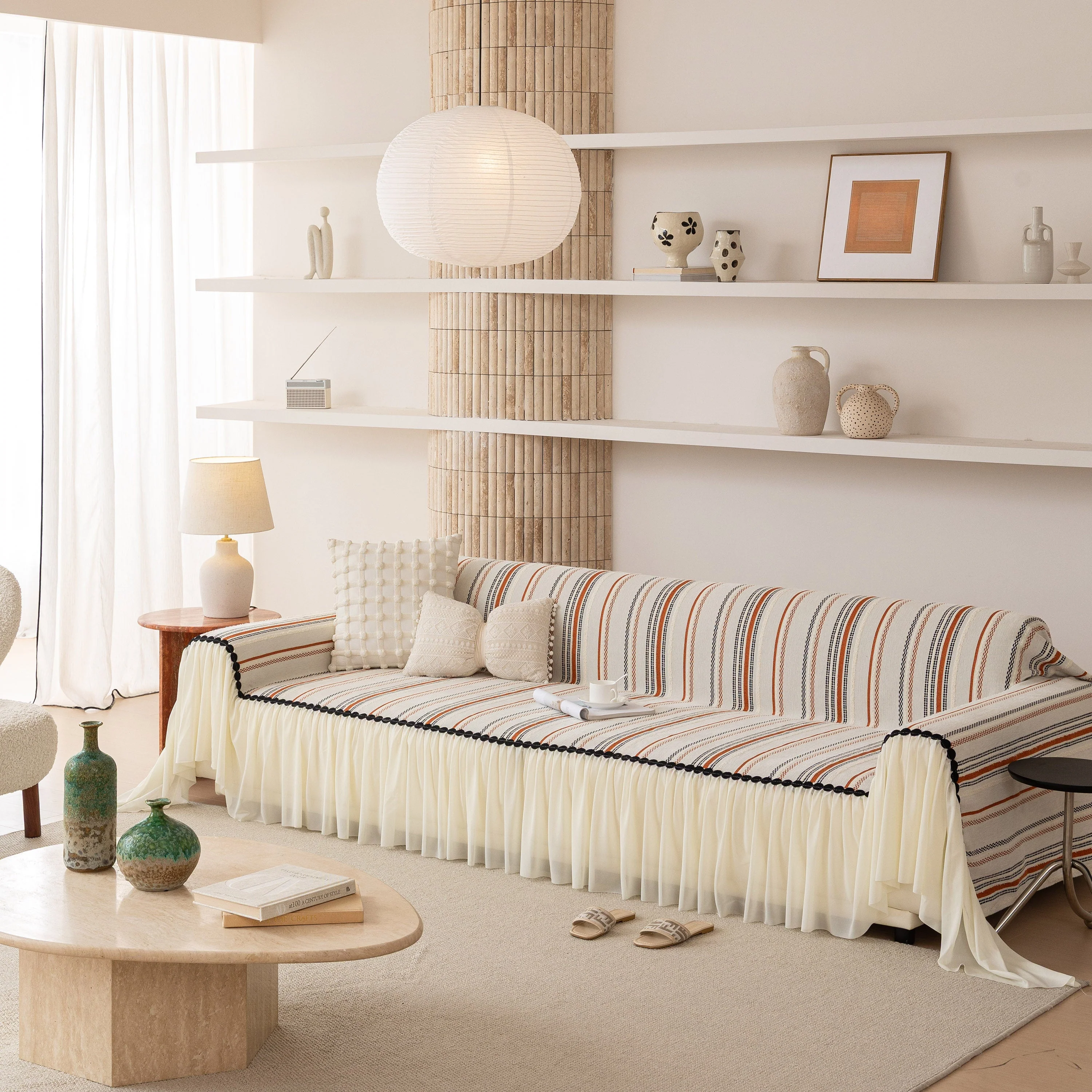 Boho Striped Couch Cover with Sheer Ruffle Skirt, Decorative Couch Throw Blanket - Image 40