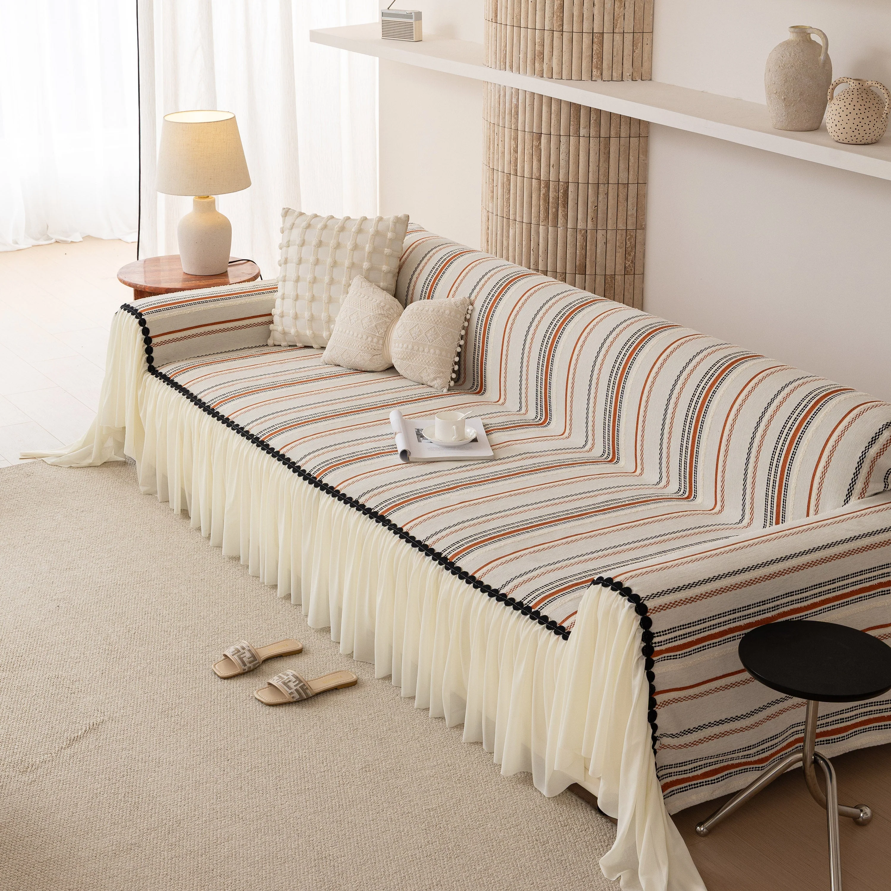 Boho Striped Couch Cover with Sheer Ruffle Skirt, Decorative Couch Throw Blanket - Image 41