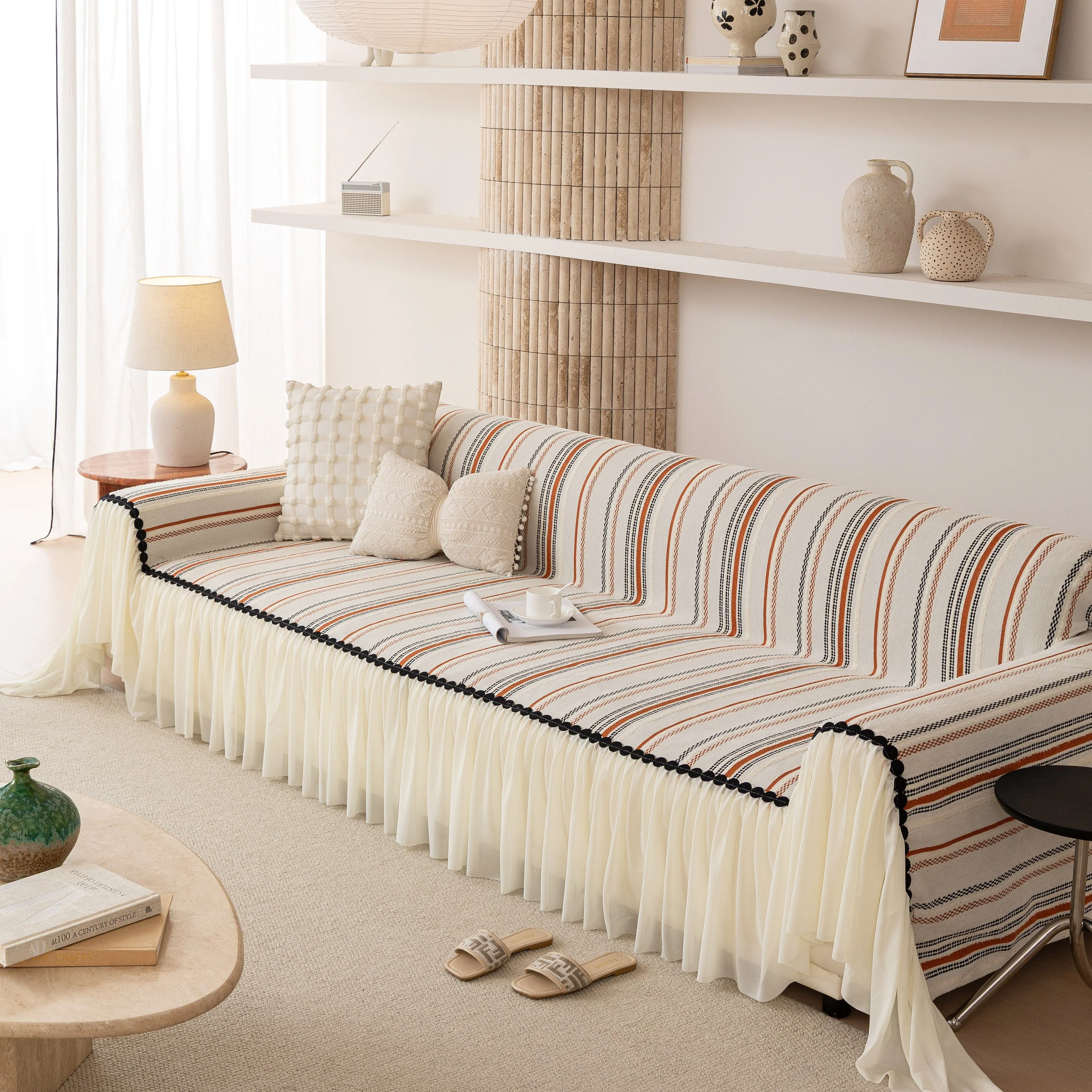 Boho Striped Couch Cover with Sheer Ruffle Skirt, Decorative Couch Throw Blanket - Image 42