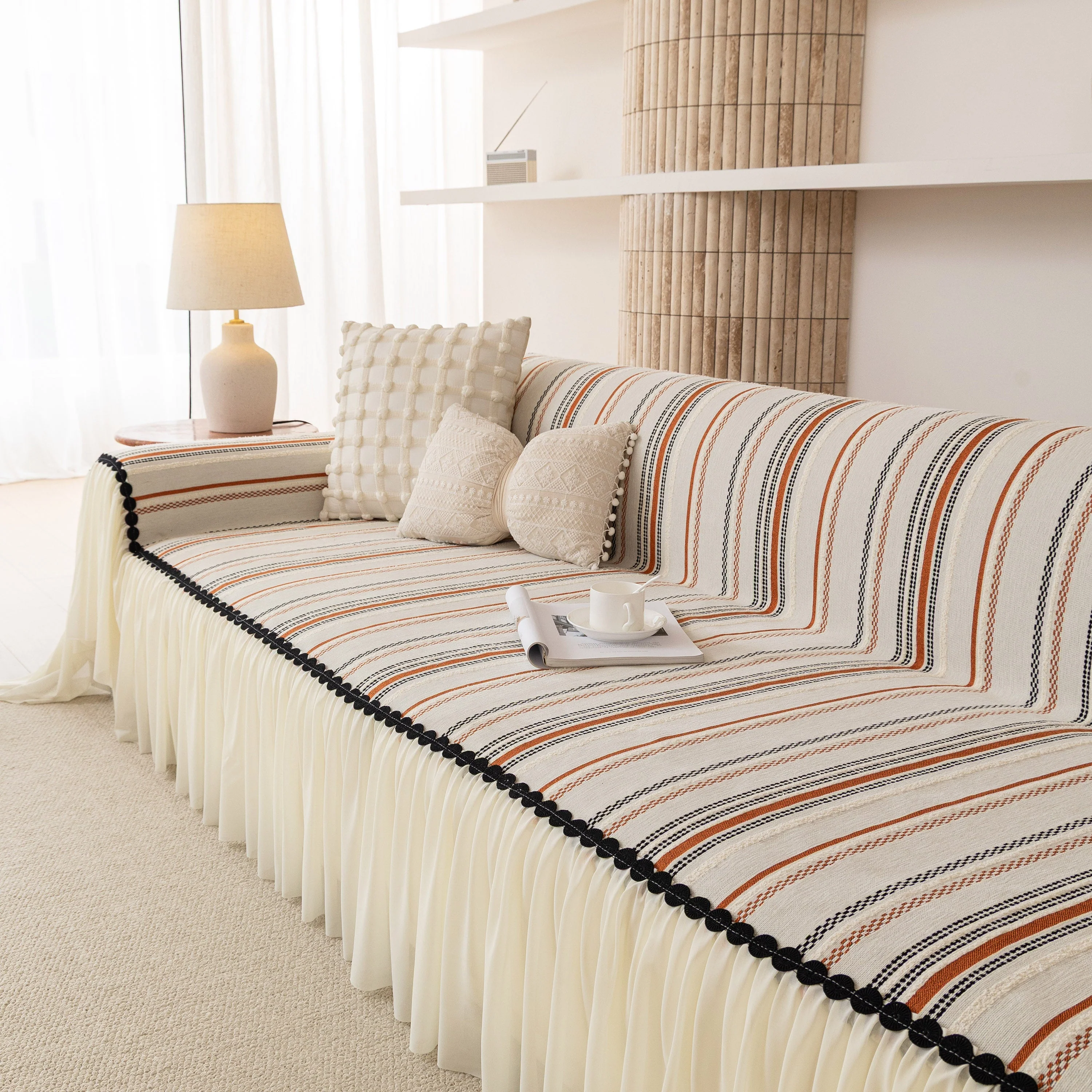 Boho Striped Couch Cover with Sheer Ruffle Skirt, Decorative Couch Throw Blanket - Image 43