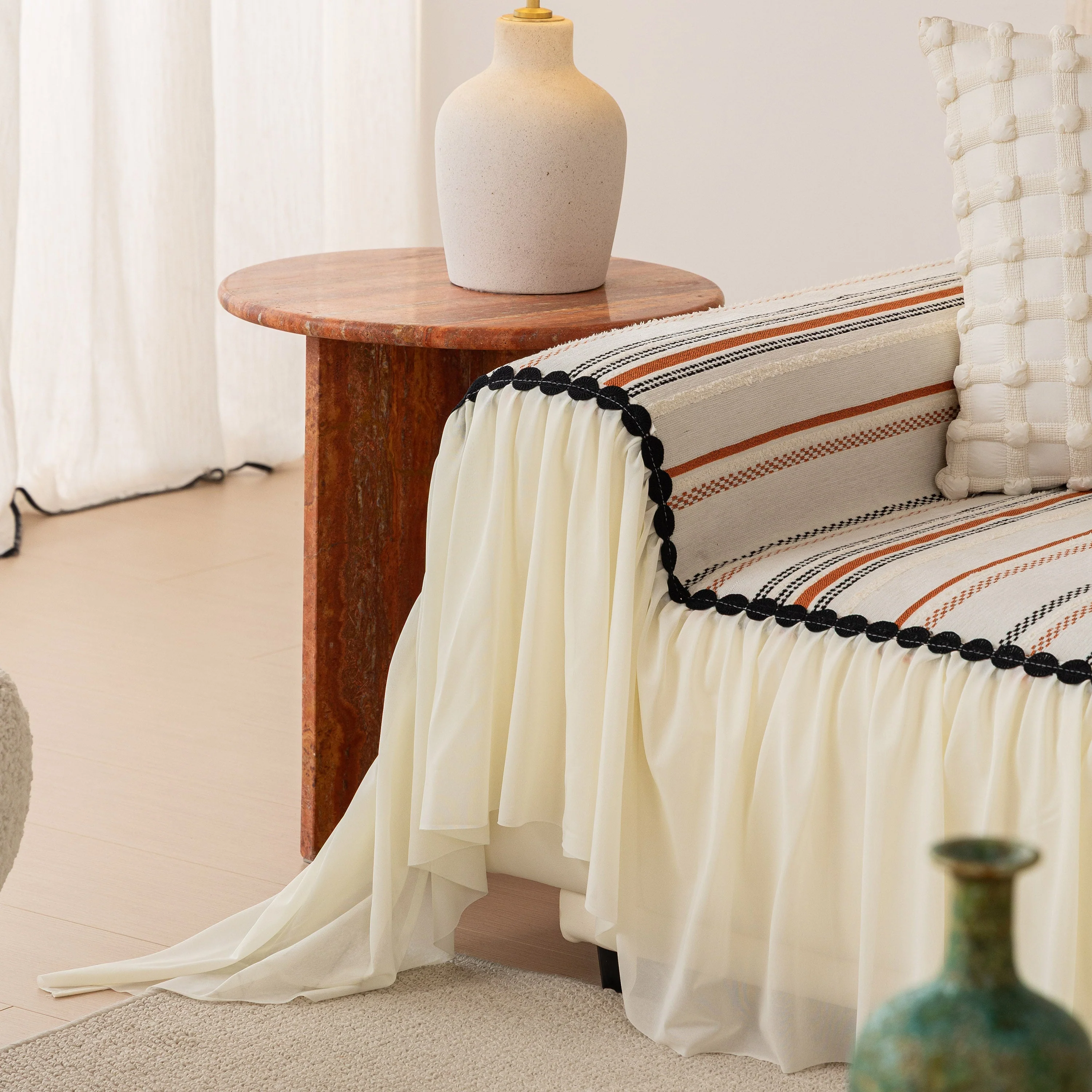 Boho Striped Couch Cover with Sheer Ruffle Skirt, Decorative Couch Throw Blanket - Image 44
