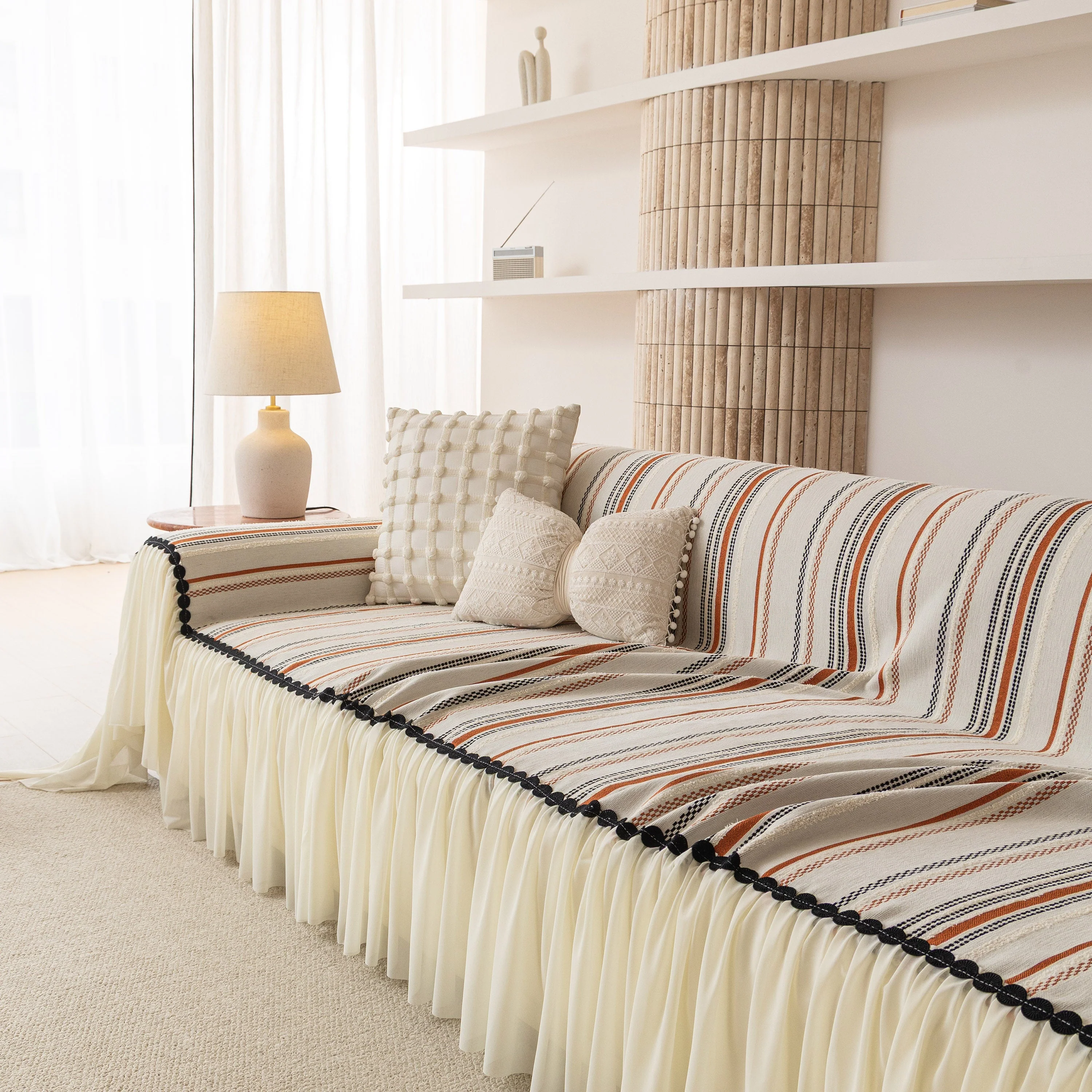 Boho Striped Couch Cover with Sheer Ruffle Skirt, Decorative Couch Throw Blanket - Image 45