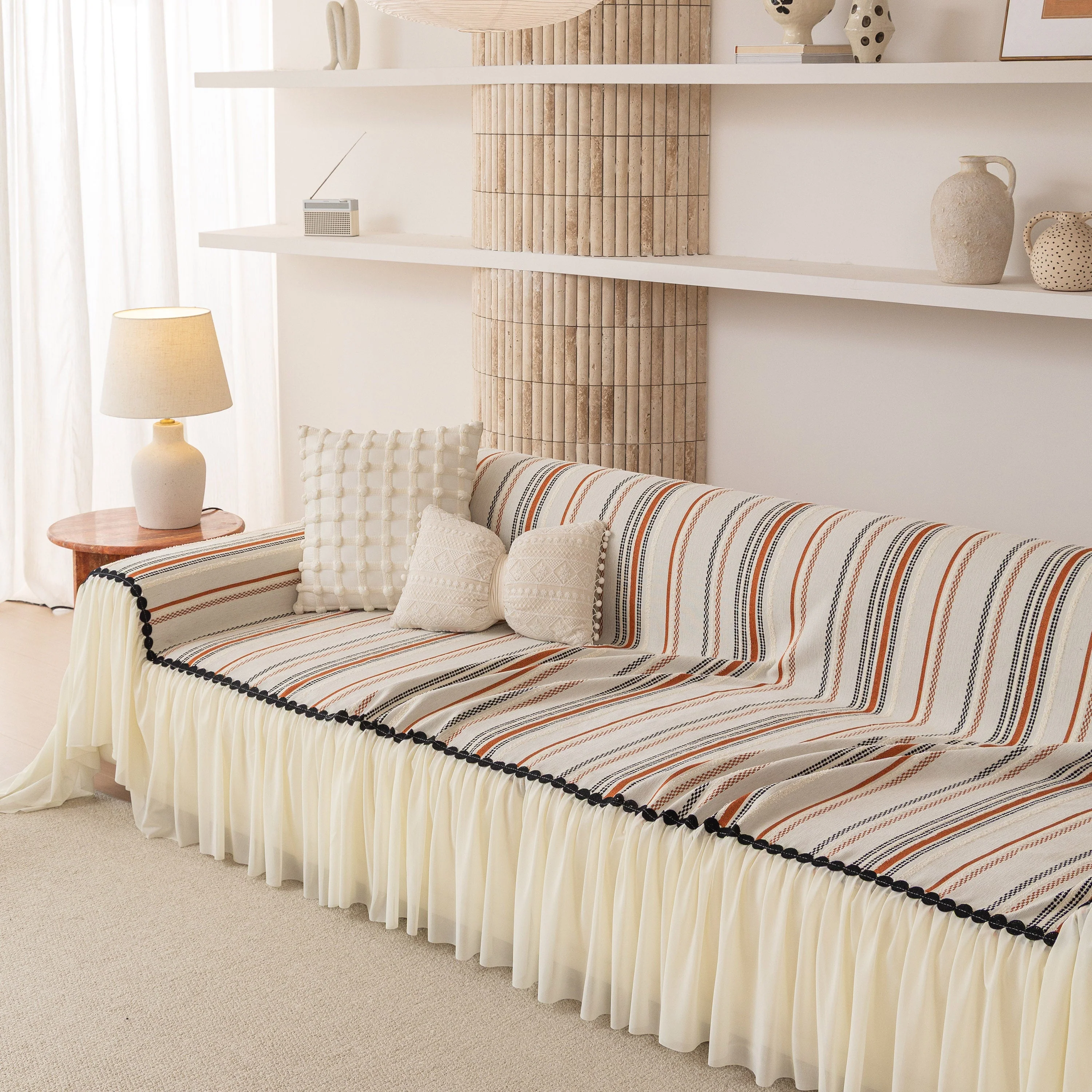 Boho Striped Couch Cover with Sheer Ruffle Skirt, Decorative Couch Throw Blanket - Image 46