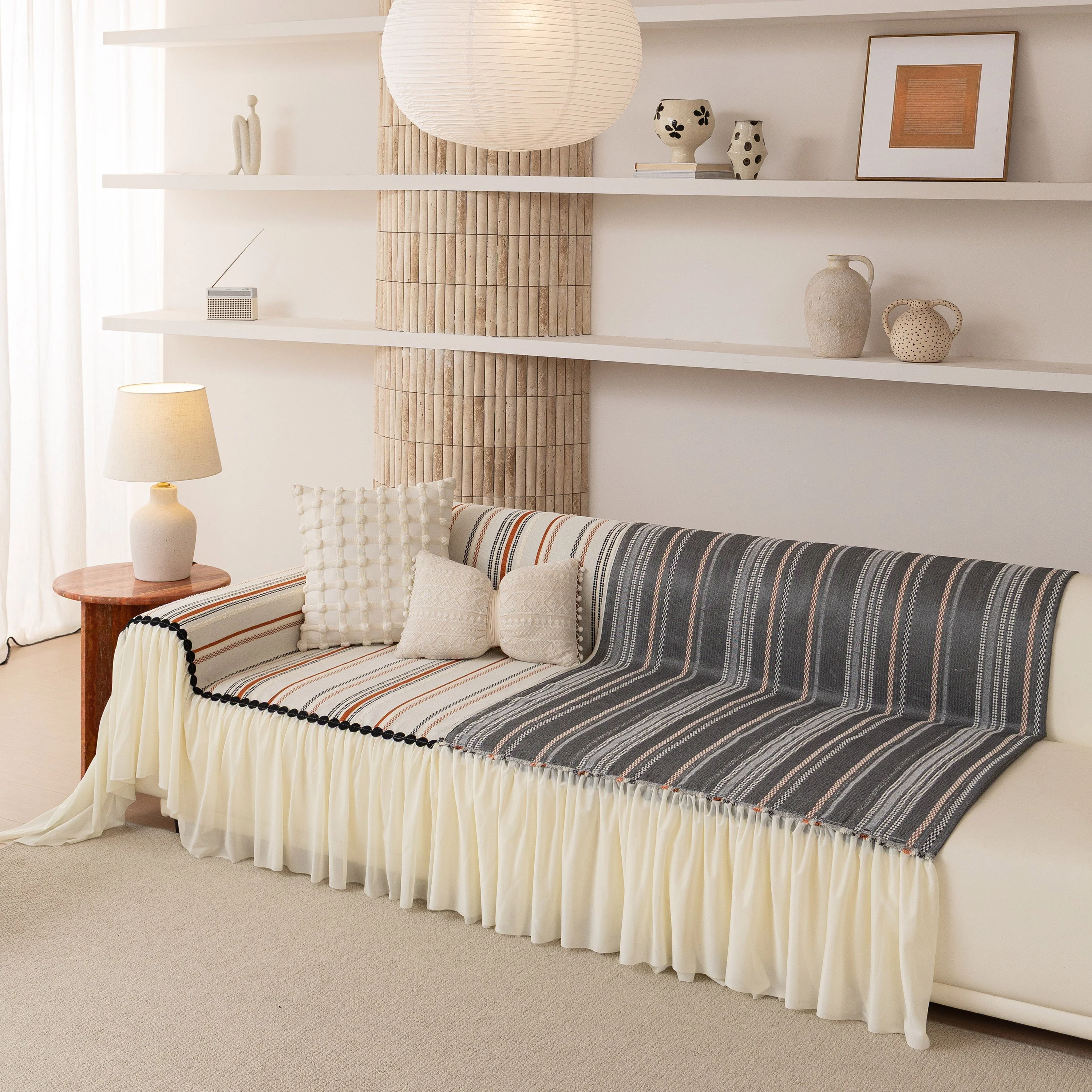 Boho Striped Couch Cover with Sheer Ruffle Skirt, Decorative Couch Throw Blanket - Image 47