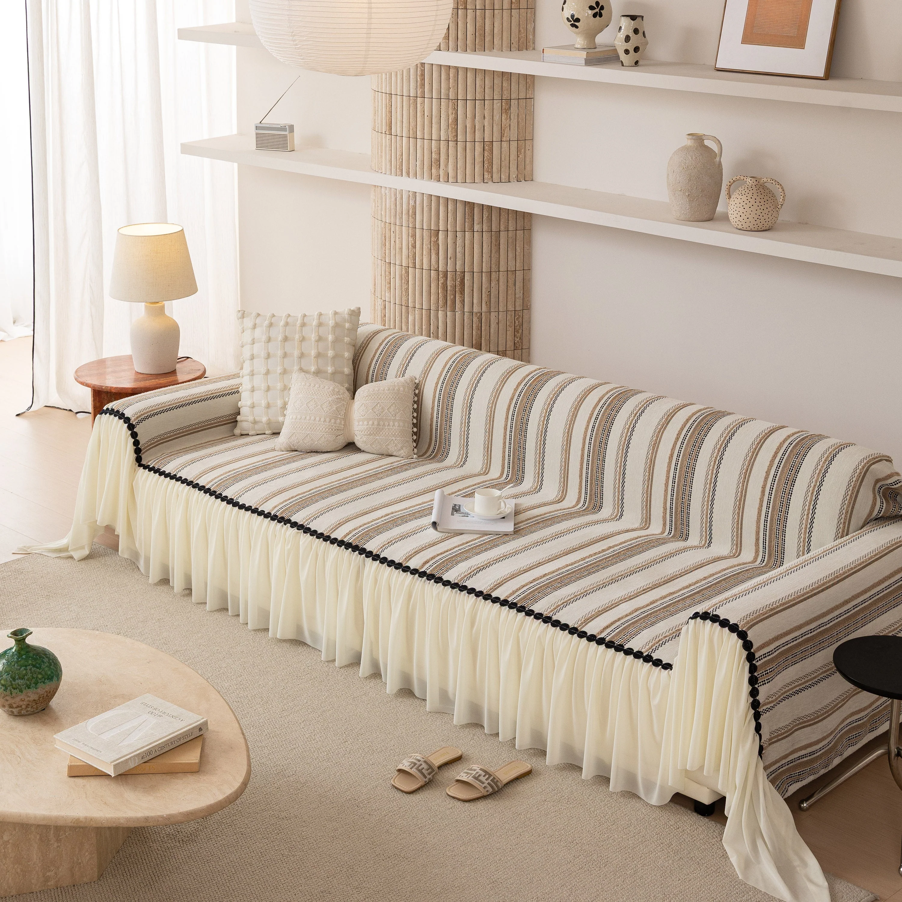 Boho Striped Couch Cover with Sheer Ruffle Skirt, Decorative Couch Throw Blanket - Image 5