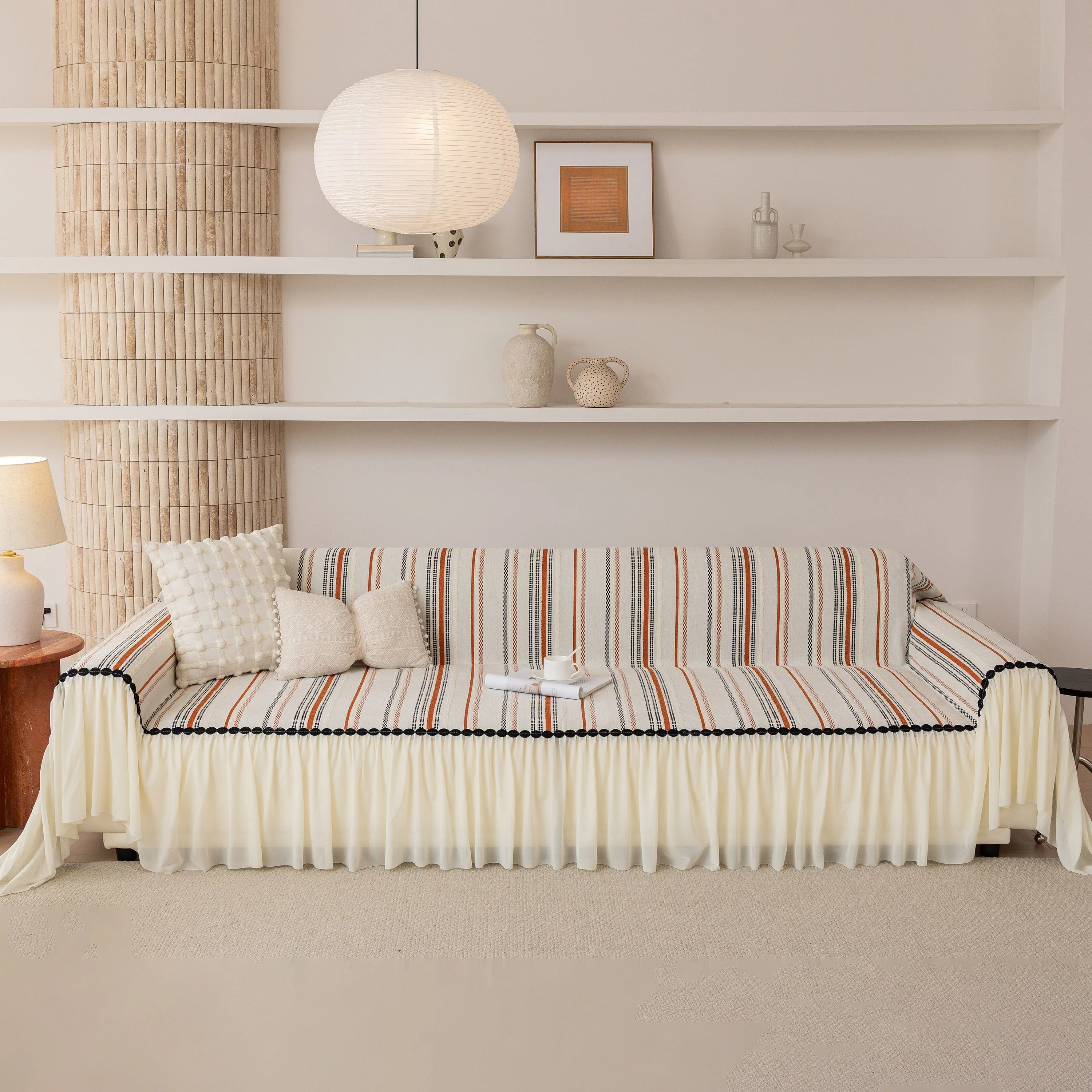 Boho Striped Couch Cover with Sheer Ruffle Skirt, Decorative Couch Throw Blanket - Image 52