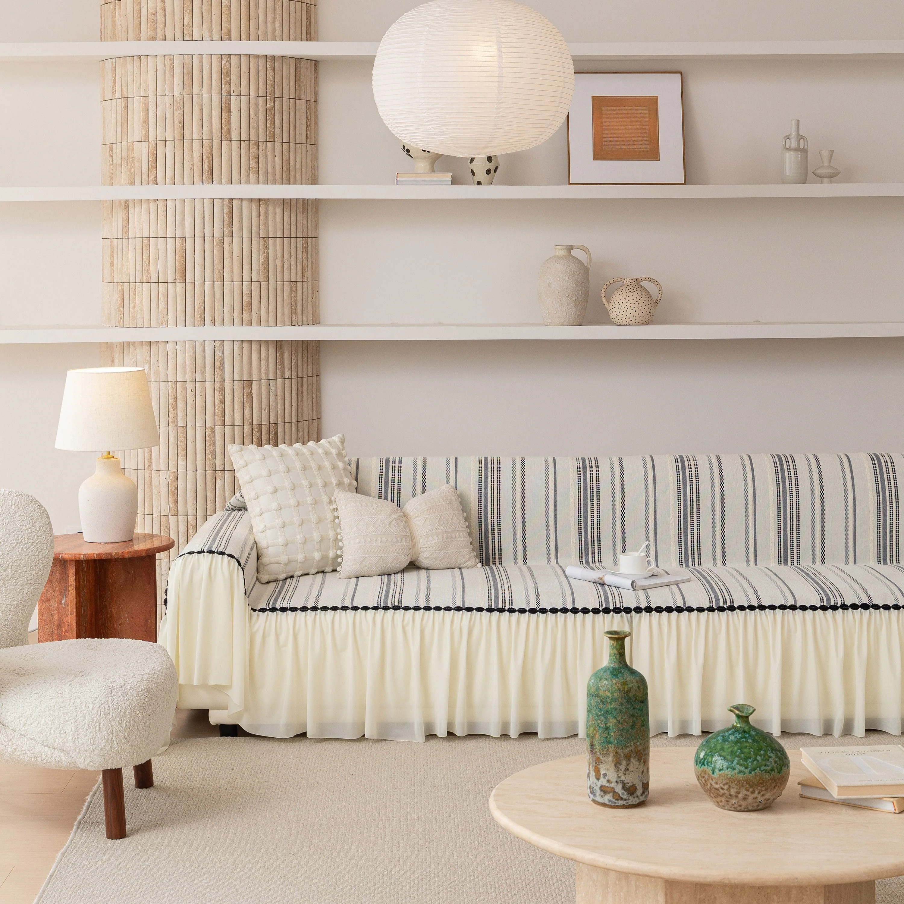 Boho Striped Couch Cover with Sheer Ruffle Skirt, Decorative Couch Throw Blanket - Image 53
