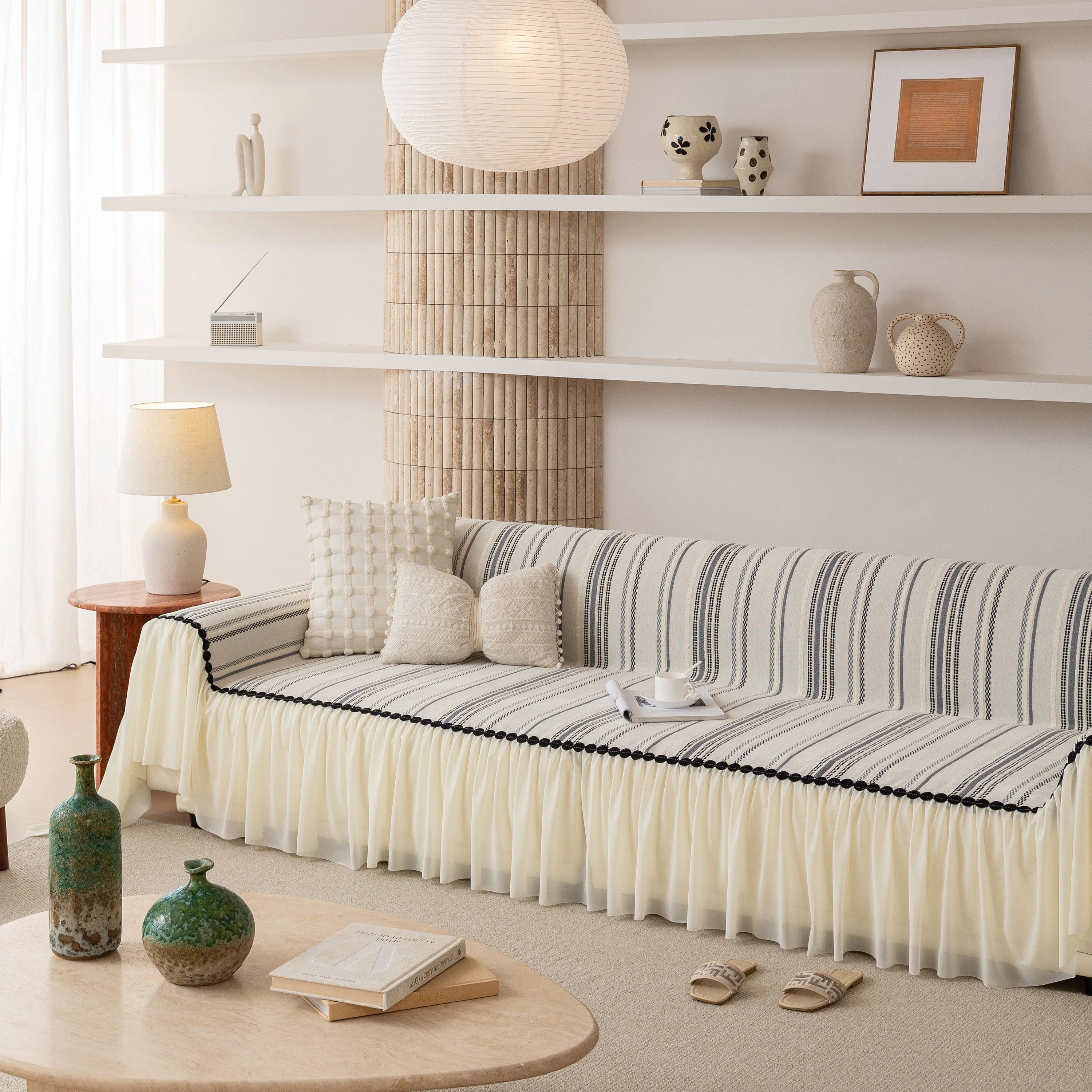 Boho Striped Couch Cover with Sheer Ruffle Skirt, Decorative Couch Throw Blanket - Image 54