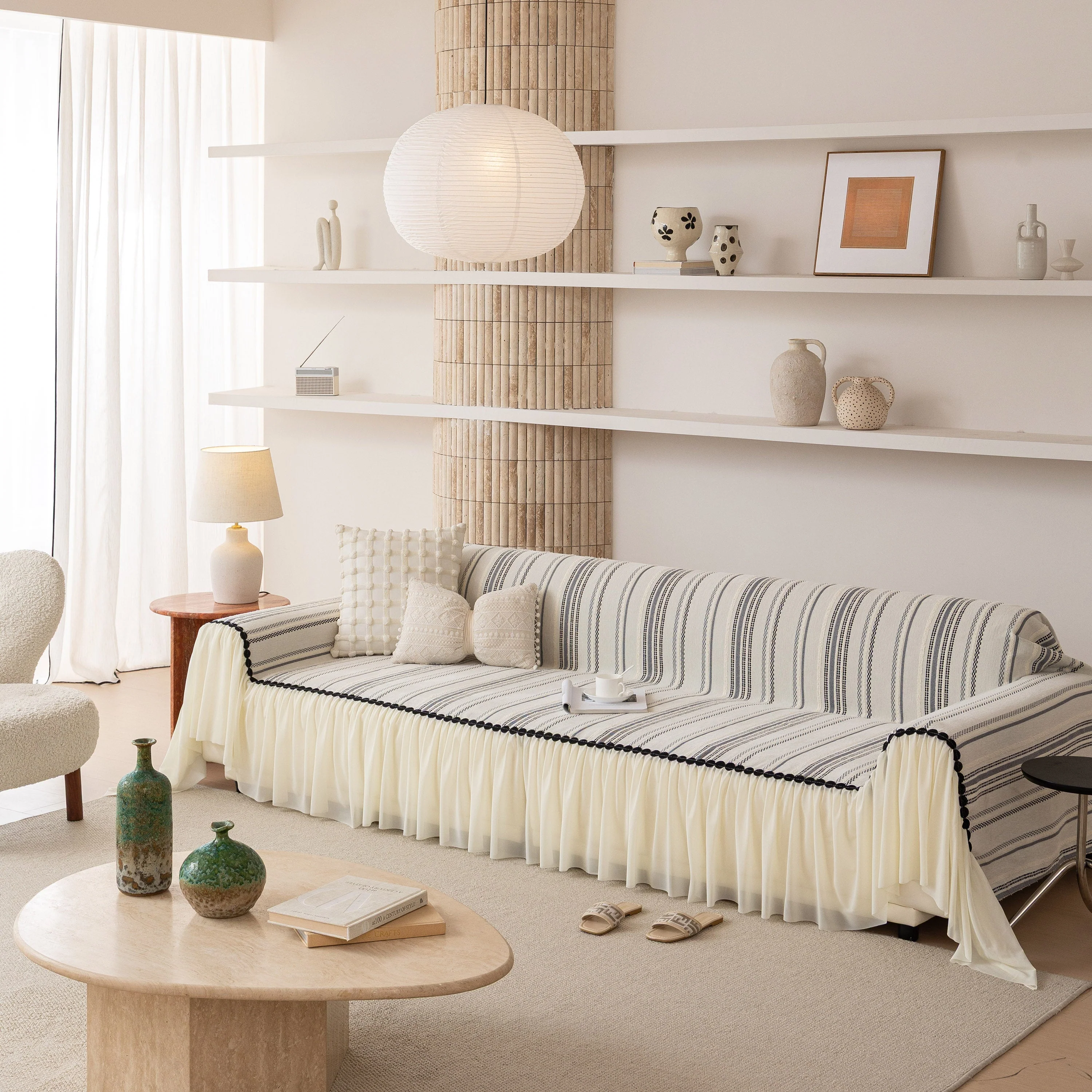Boho Striped Couch Cover with Sheer Ruffle Skirt, Decorative Couch Throw Blanket - Image 55