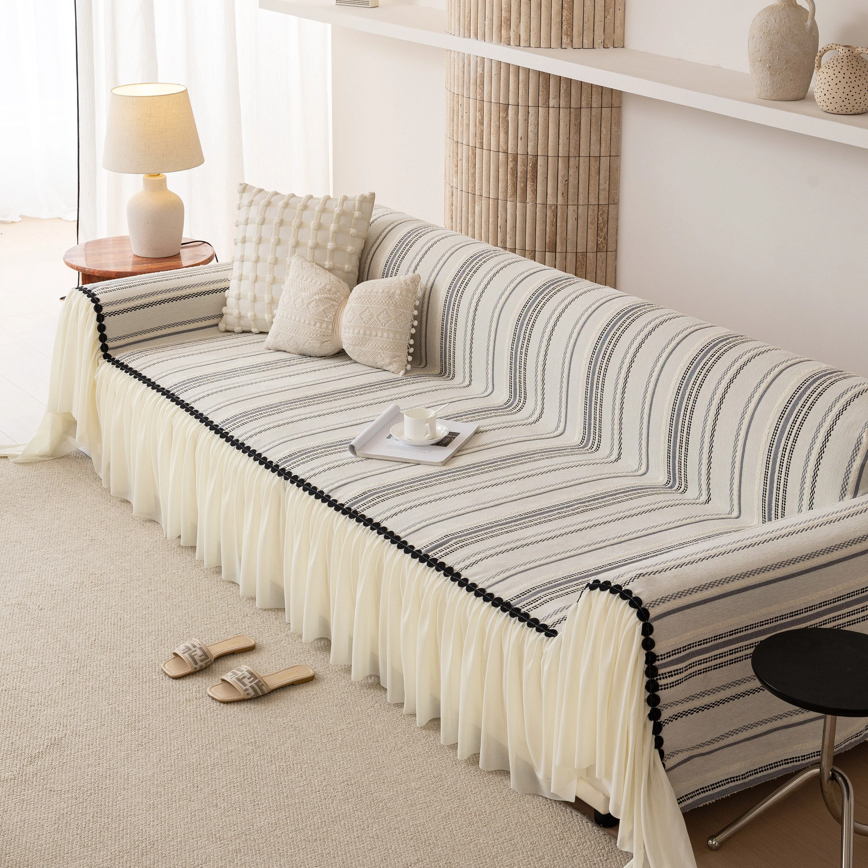 Boho Striped Couch Cover with Sheer Ruffle Skirt, Decorative Couch Throw Blanket - Image 56