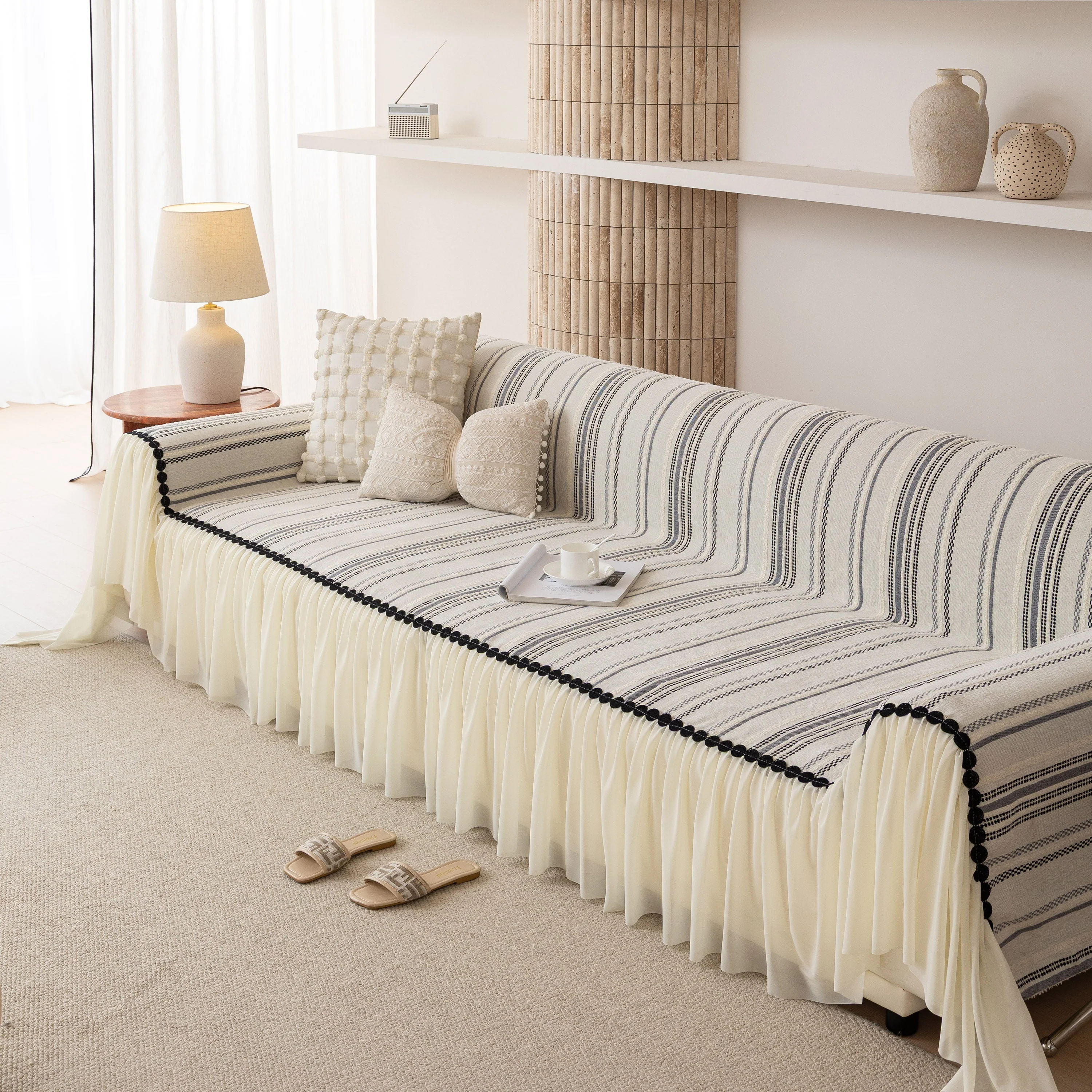 Boho Striped Couch Cover with Sheer Ruffle Skirt, Decorative Couch Throw Blanket - Image 57
