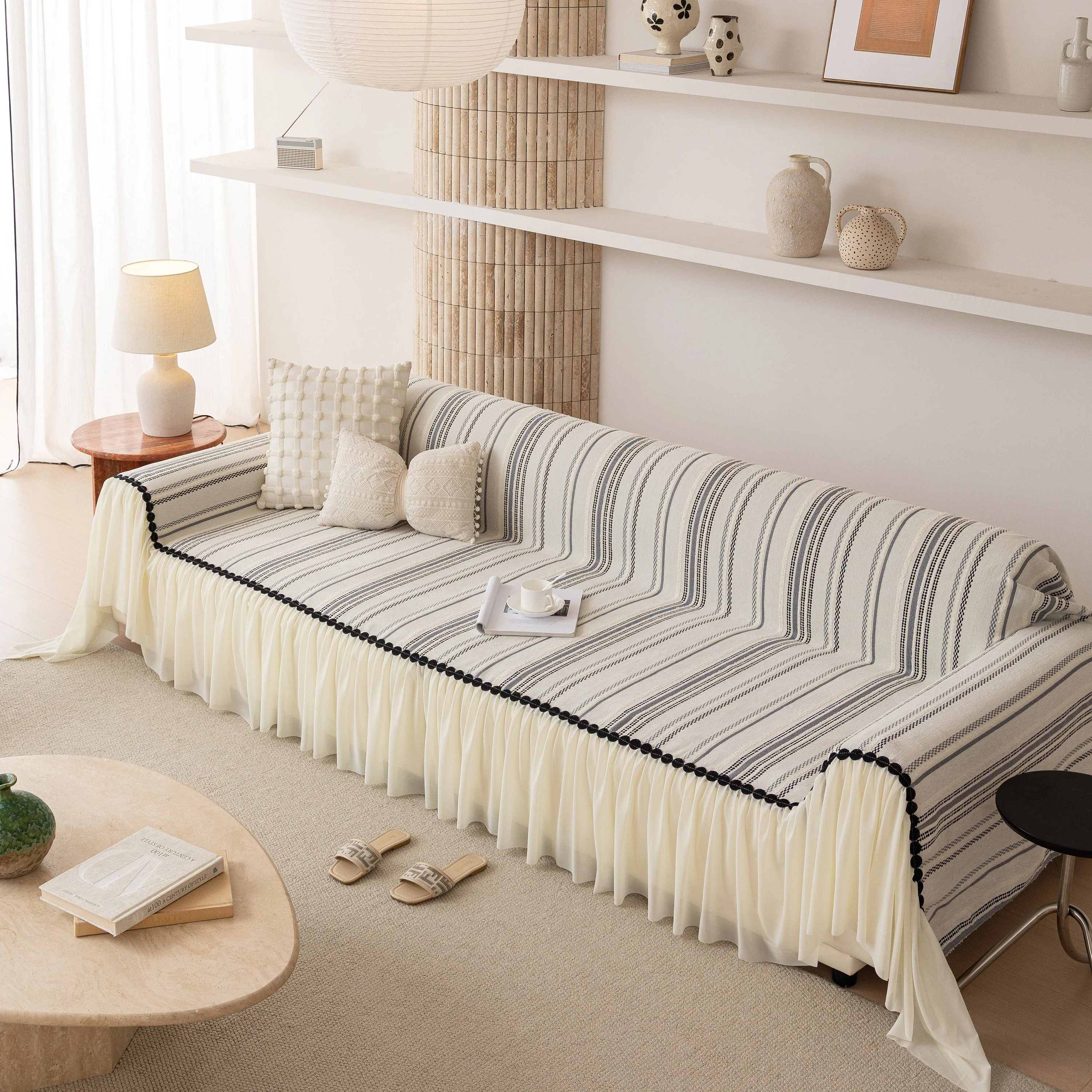 Boho Striped Couch Cover with Sheer Ruffle Skirt, Decorative Couch Throw Blanket - Image 58