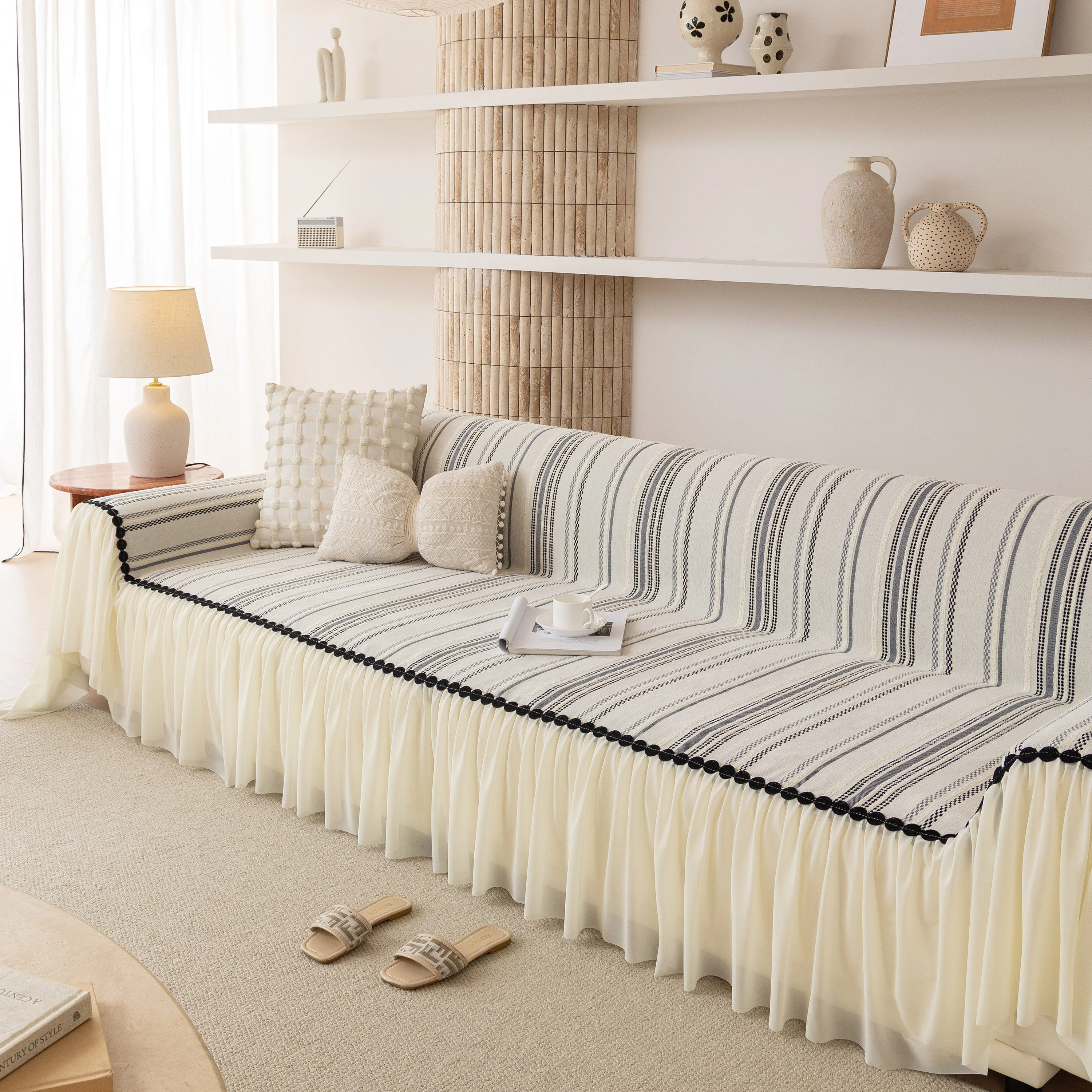 Boho Striped Couch Cover with Sheer Ruffle Skirt, Decorative Couch Throw Blanket - Image 59