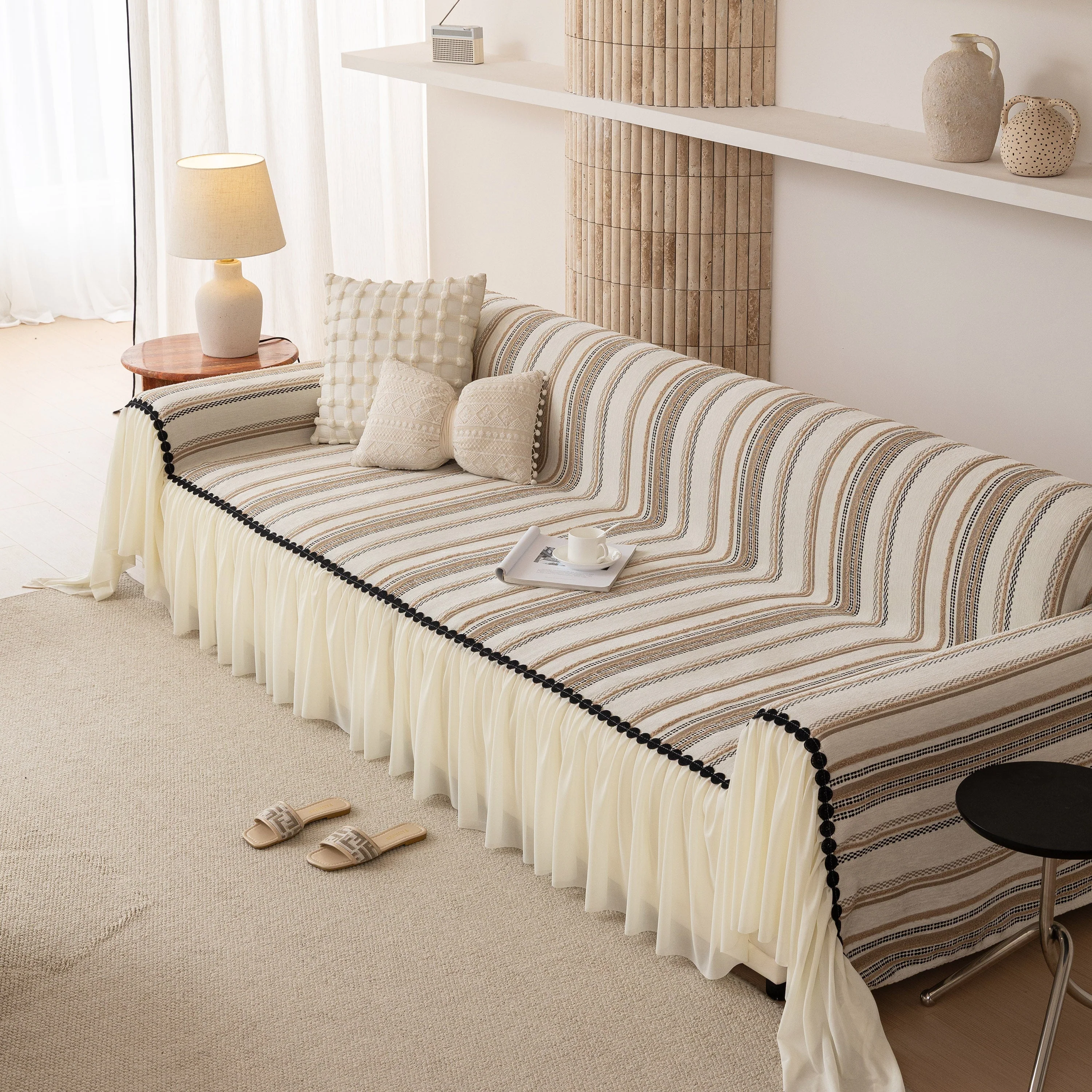 Boho Striped Couch Cover with Sheer Ruffle Skirt, Decorative Couch Throw Blanket - Image 6