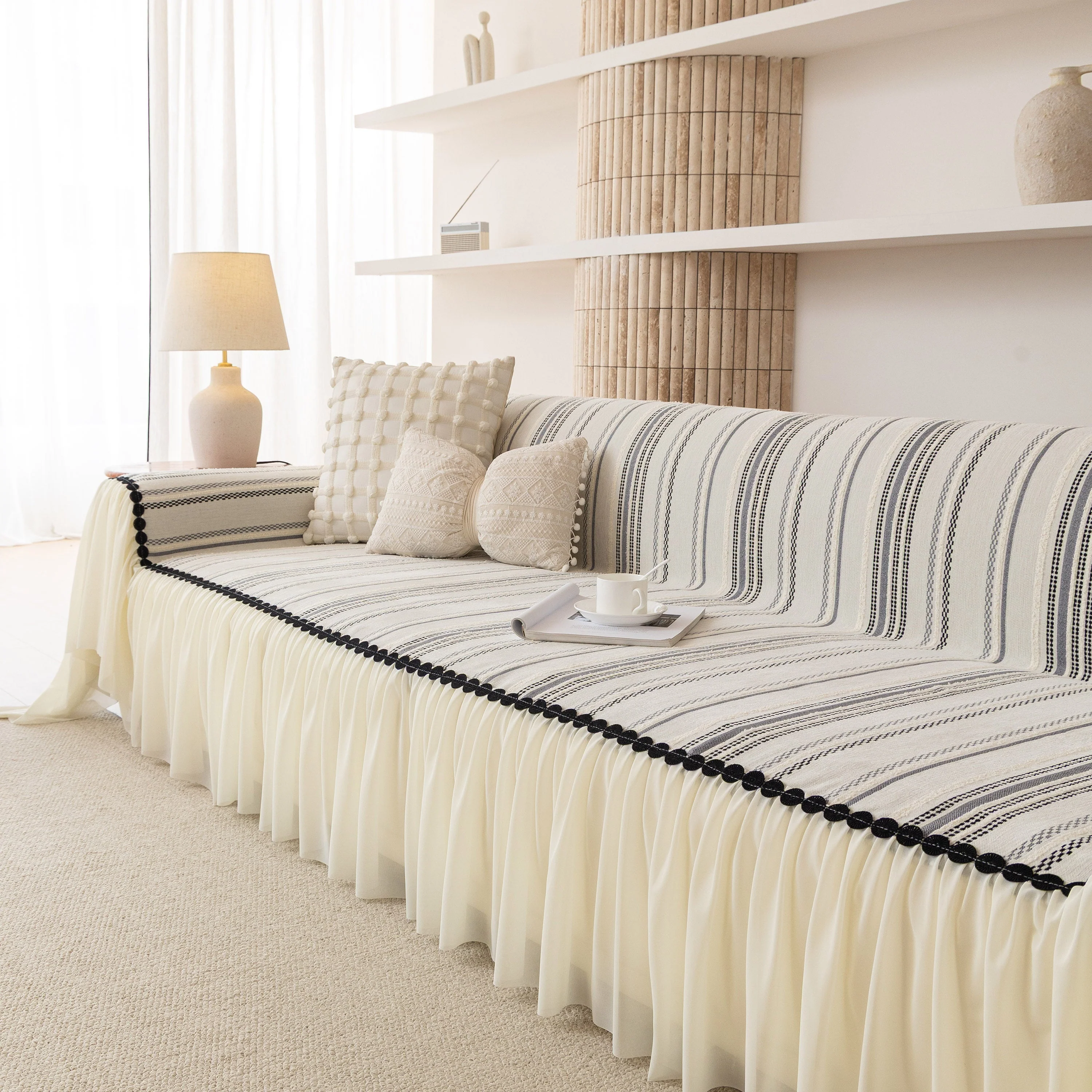 Boho Striped Couch Cover with Sheer Ruffle Skirt, Decorative Couch Throw Blanket - Image 60