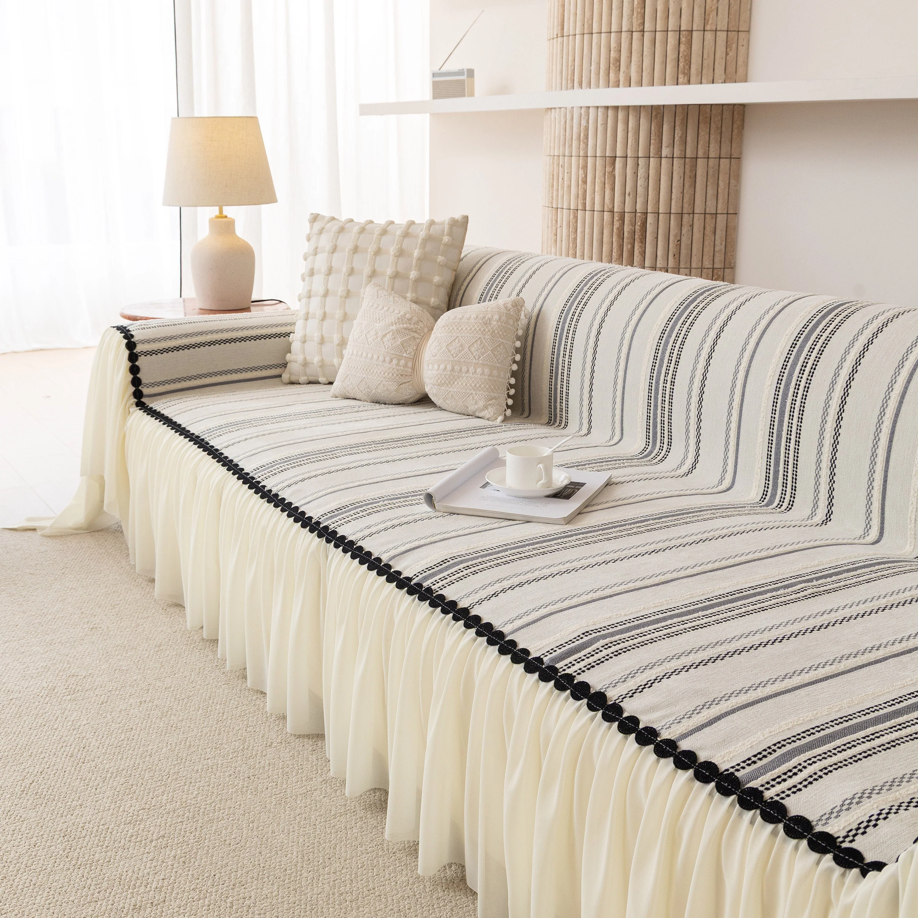Boho Striped Couch Cover with Sheer Ruffle Skirt, Decorative Couch Throw Blanket - Image 61