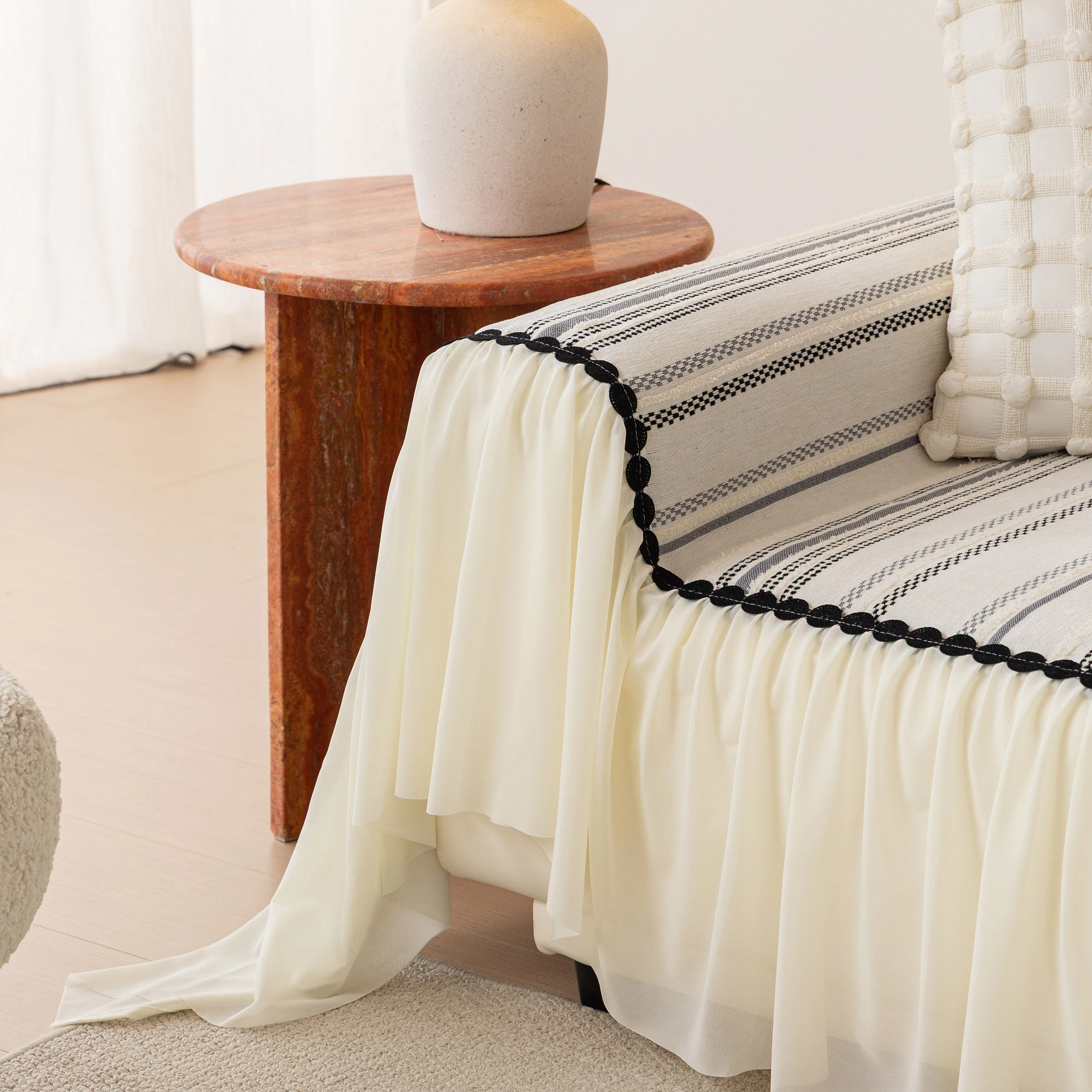 Boho Striped Couch Cover with Sheer Ruffle Skirt, Decorative Couch Throw Blanket - Image 62