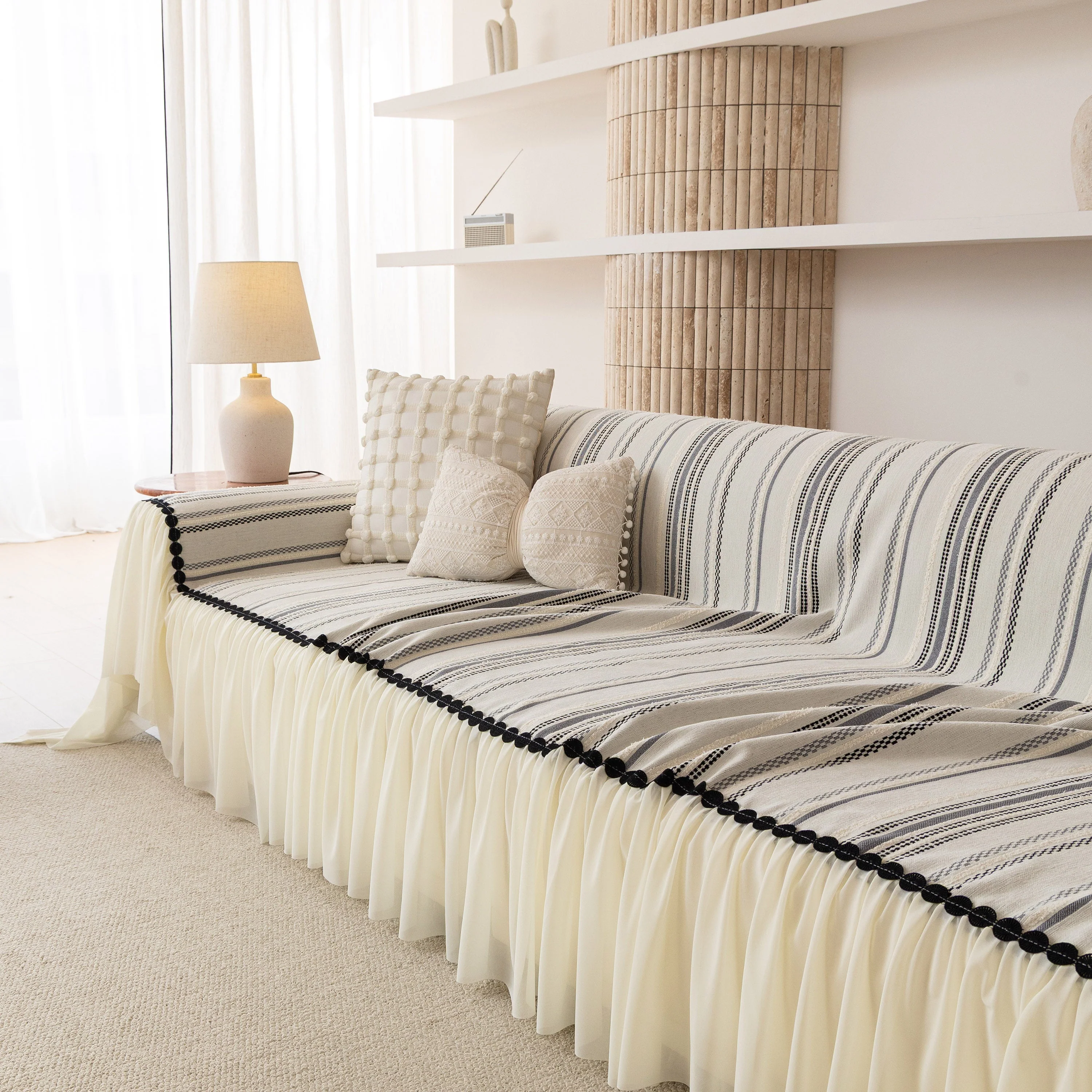 Boho Striped Couch Cover with Sheer Ruffle Skirt, Decorative Couch Throw Blanket - Image 63