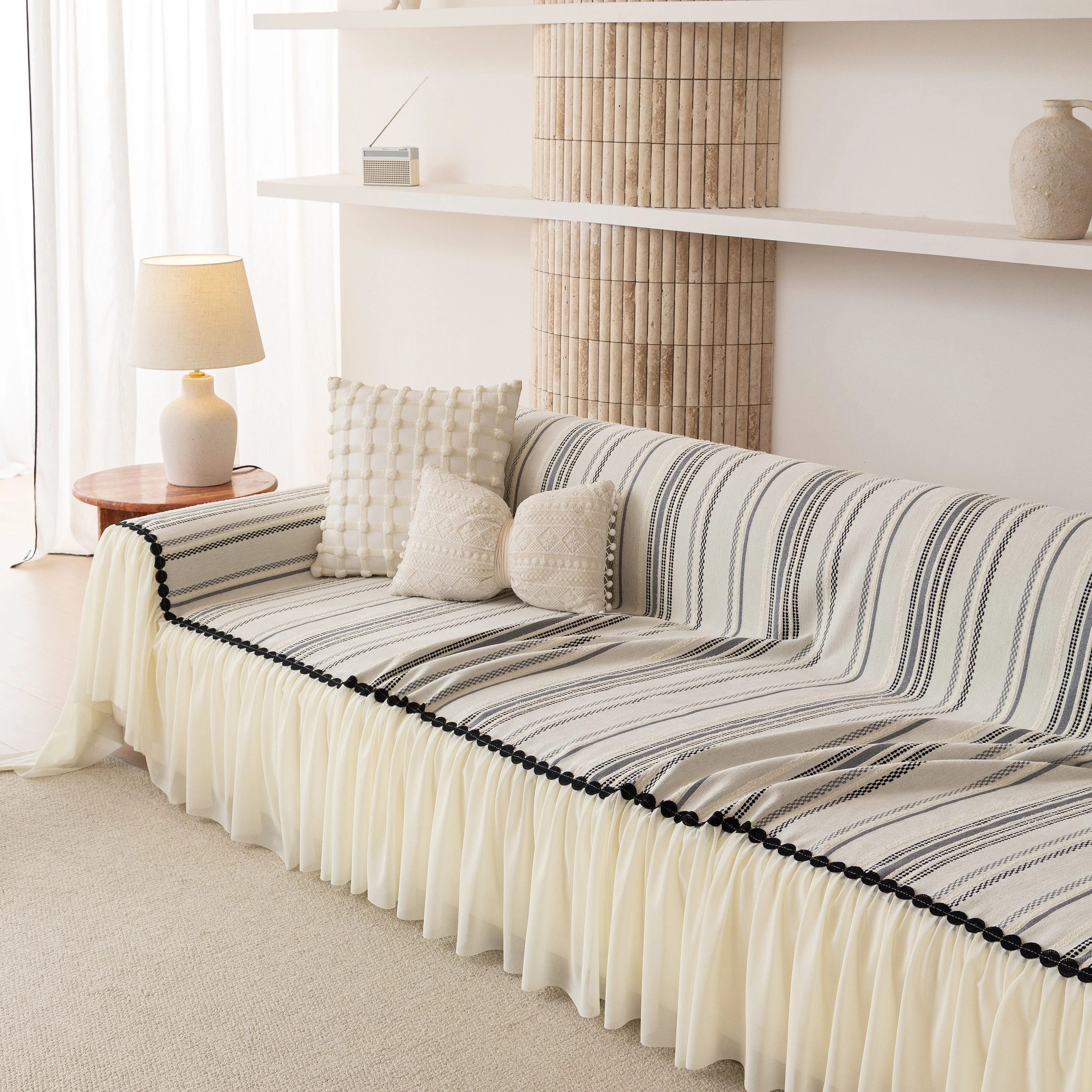Boho Striped Couch Cover with Sheer Ruffle Skirt, Decorative Couch Throw Blanket - Image 64