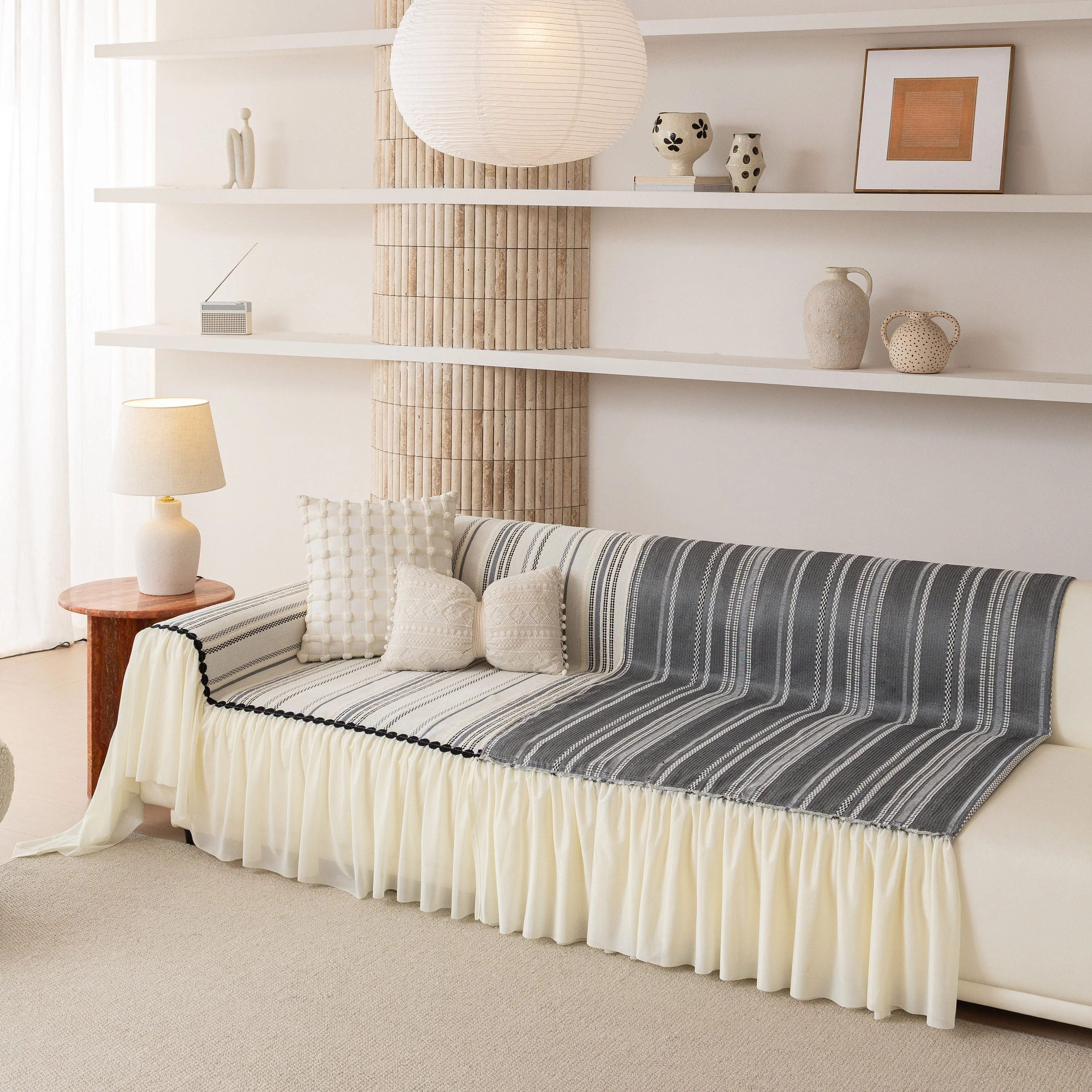 Boho Striped Couch Cover with Sheer Ruffle Skirt, Decorative Couch Throw Blanket - Image 65