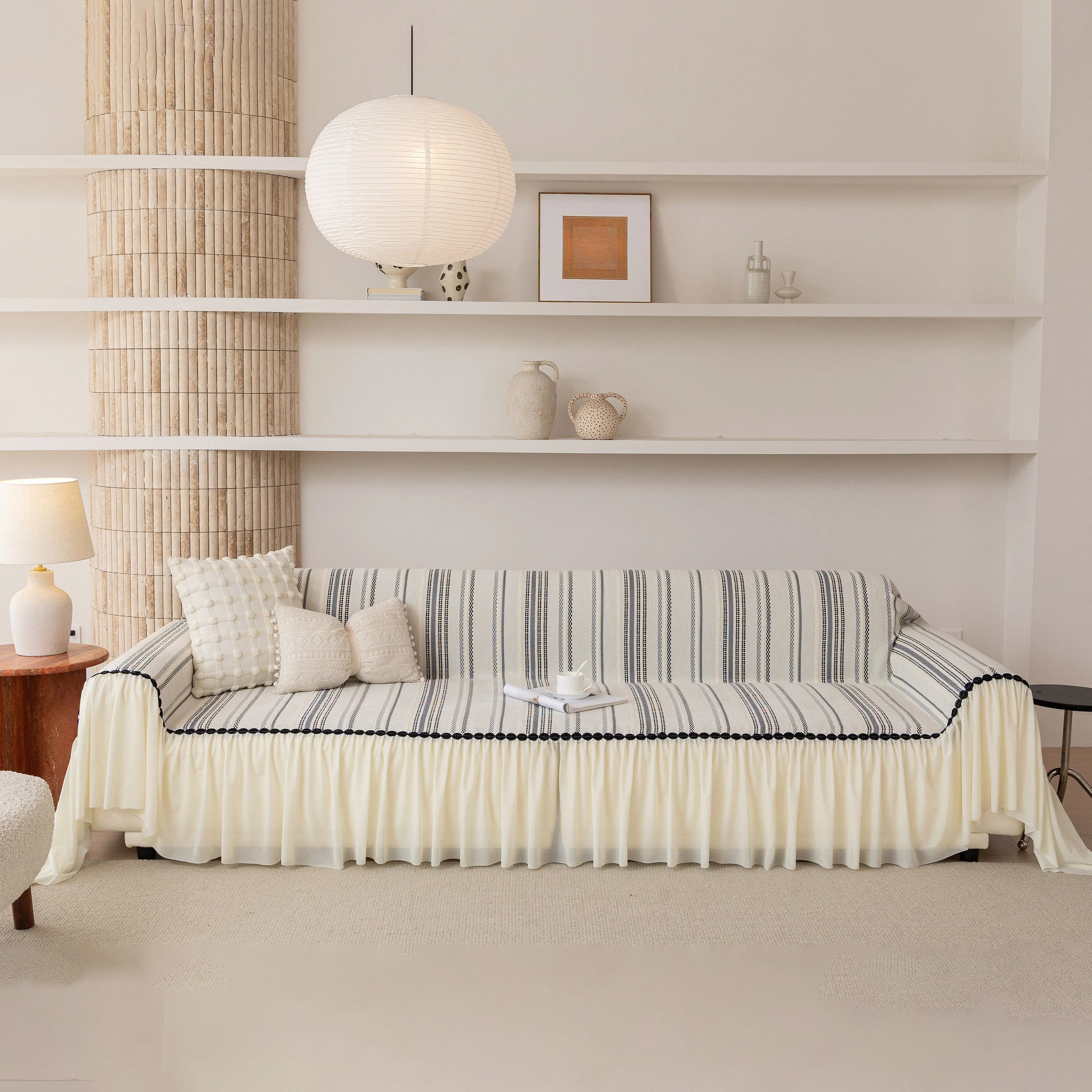 Boho Striped Couch Cover with Sheer Ruffle Skirt, Decorative Couch Throw Blanket - Image 69