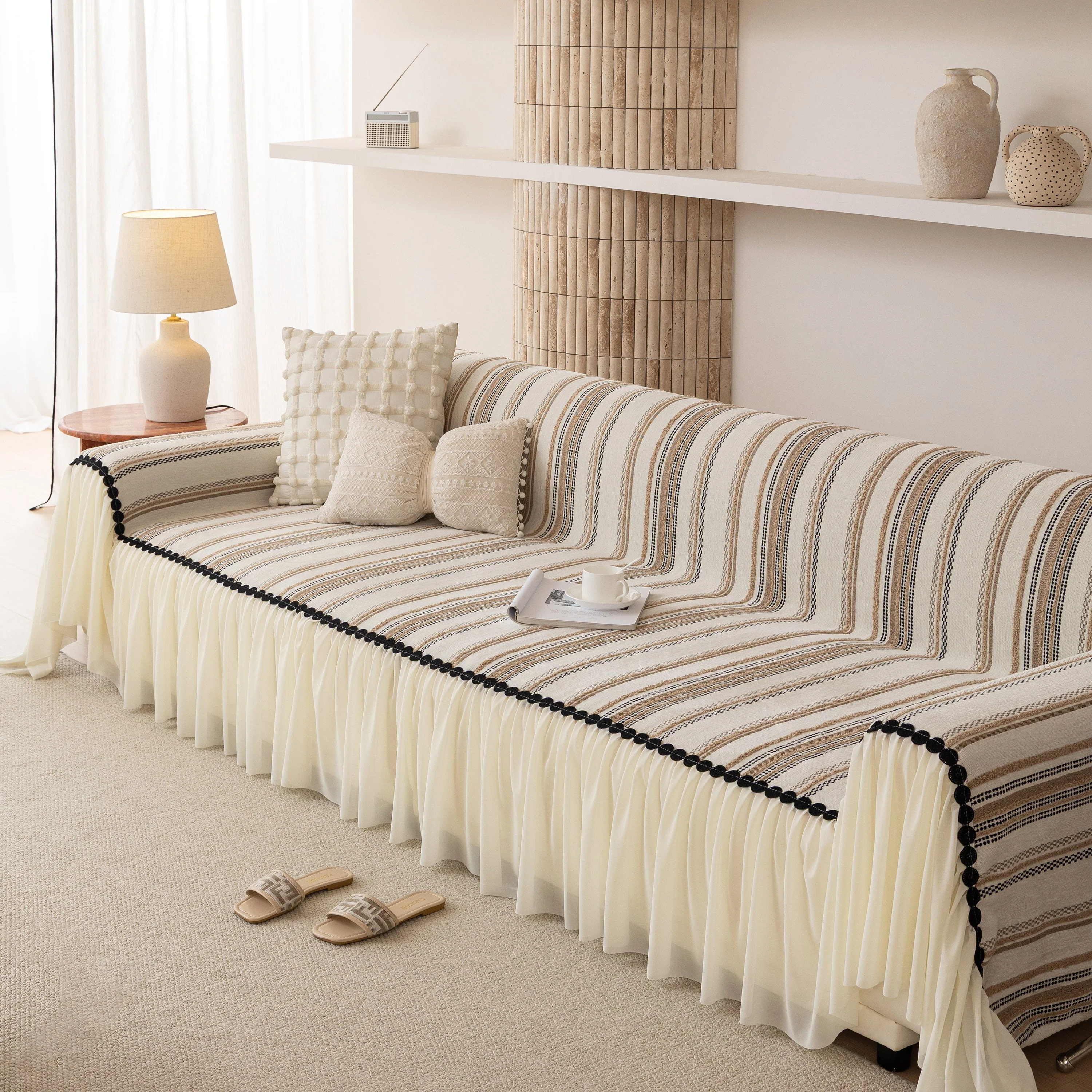 Boho Striped Couch Cover with Sheer Ruffle Skirt, Decorative Couch Throw Blanket - Image 7