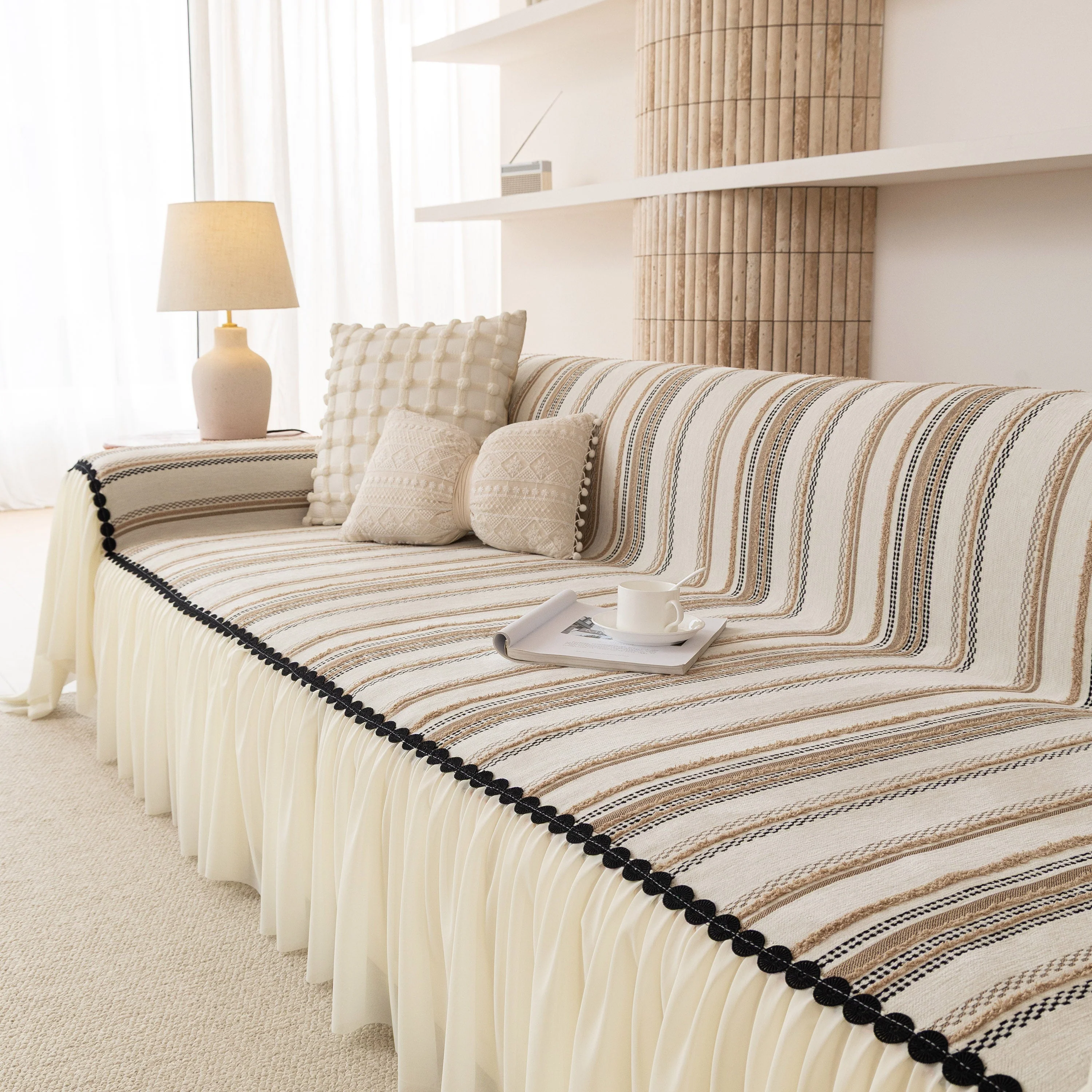 Boho Striped Couch Cover with Sheer Ruffle Skirt, Decorative Couch Throw Blanket - Image 8