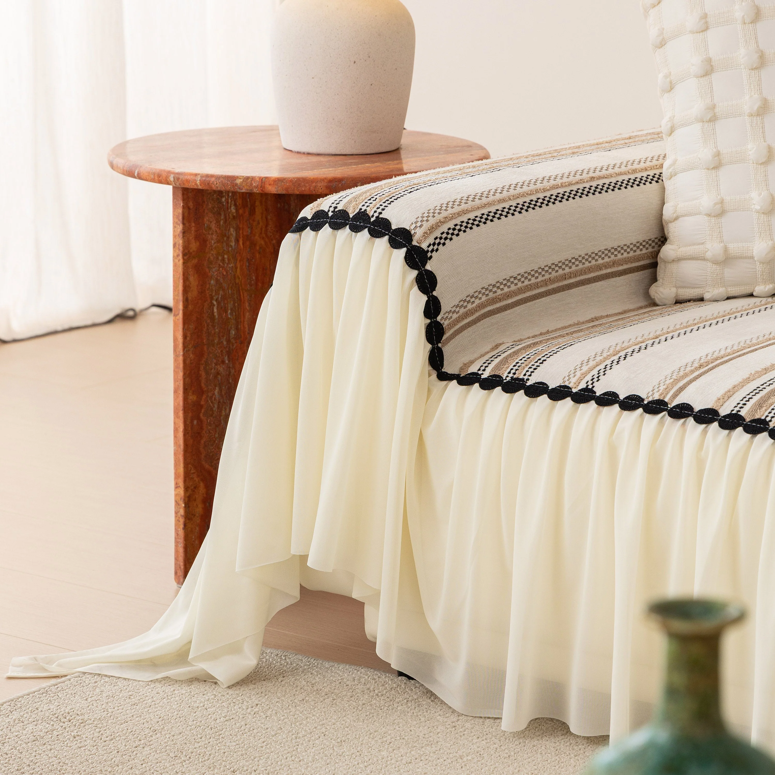 Boho Striped Couch Cover with Sheer Ruffle Skirt, Decorative Couch Throw Blanket - Image 9
