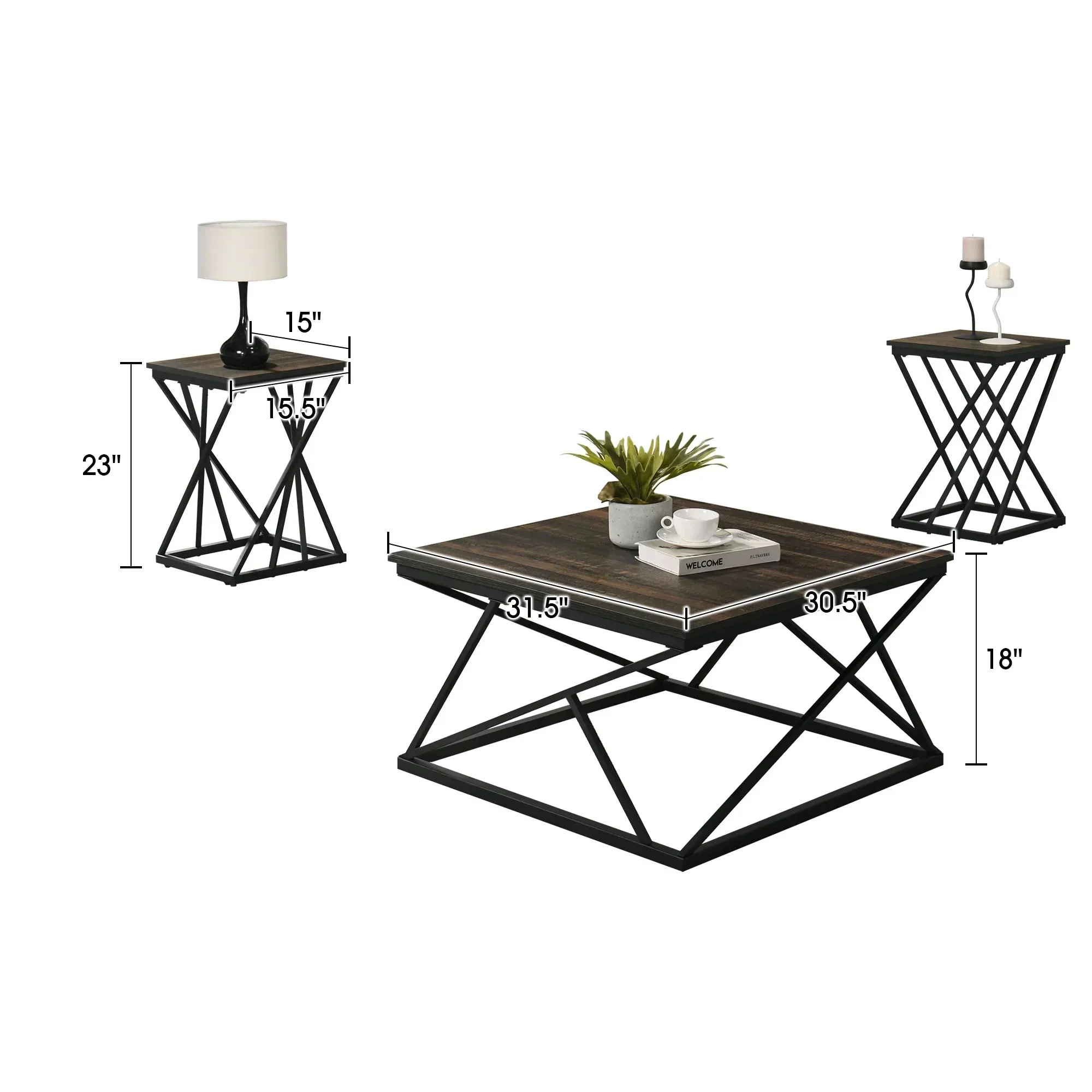 Borup Rustic 31.5" 3-Piece Coffee Table Set with Decorative Wrought Metal Side - Image 11