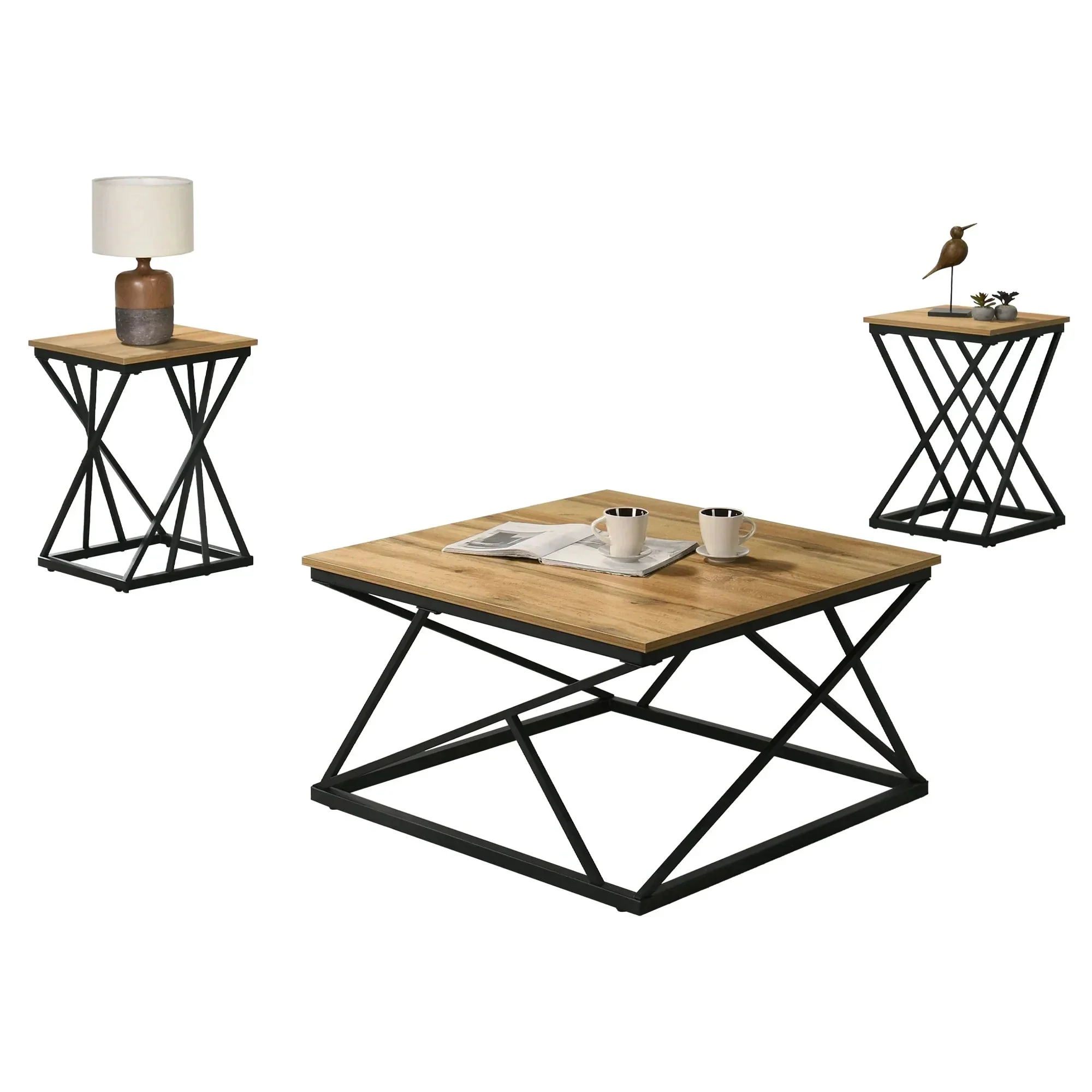 Borup Rustic 31.5" 3-Piece Coffee Table Set with Decorative Wrought Metal Side - Image 2