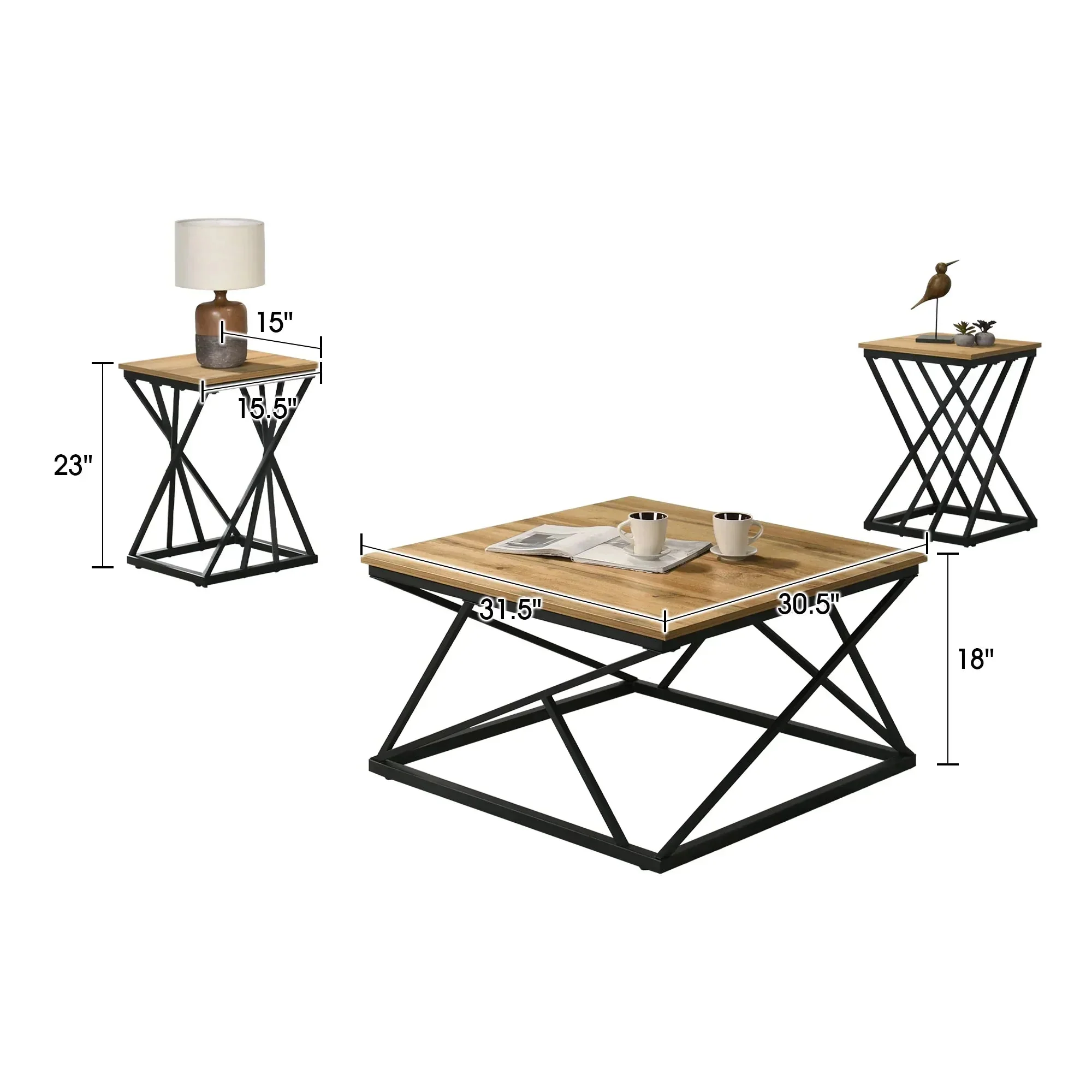 Borup Rustic 31.5" 3-Piece Coffee Table Set with Decorative Wrought Metal Side - Image 6