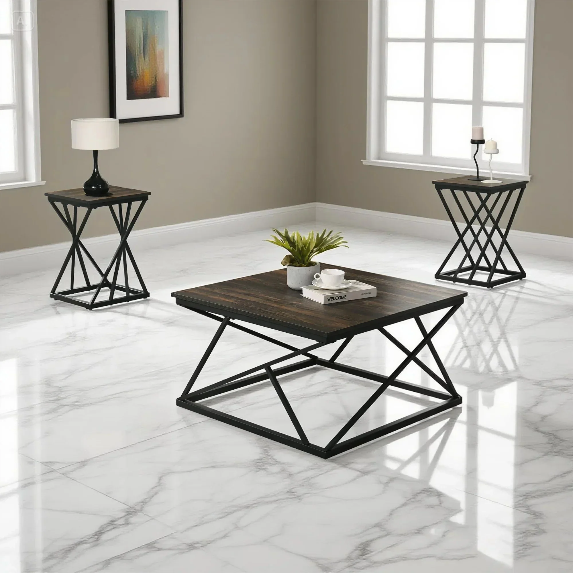 Borup Rustic 31.5" 3-Piece Coffee Table Set with Decorative Wrought Metal Side - Image 7