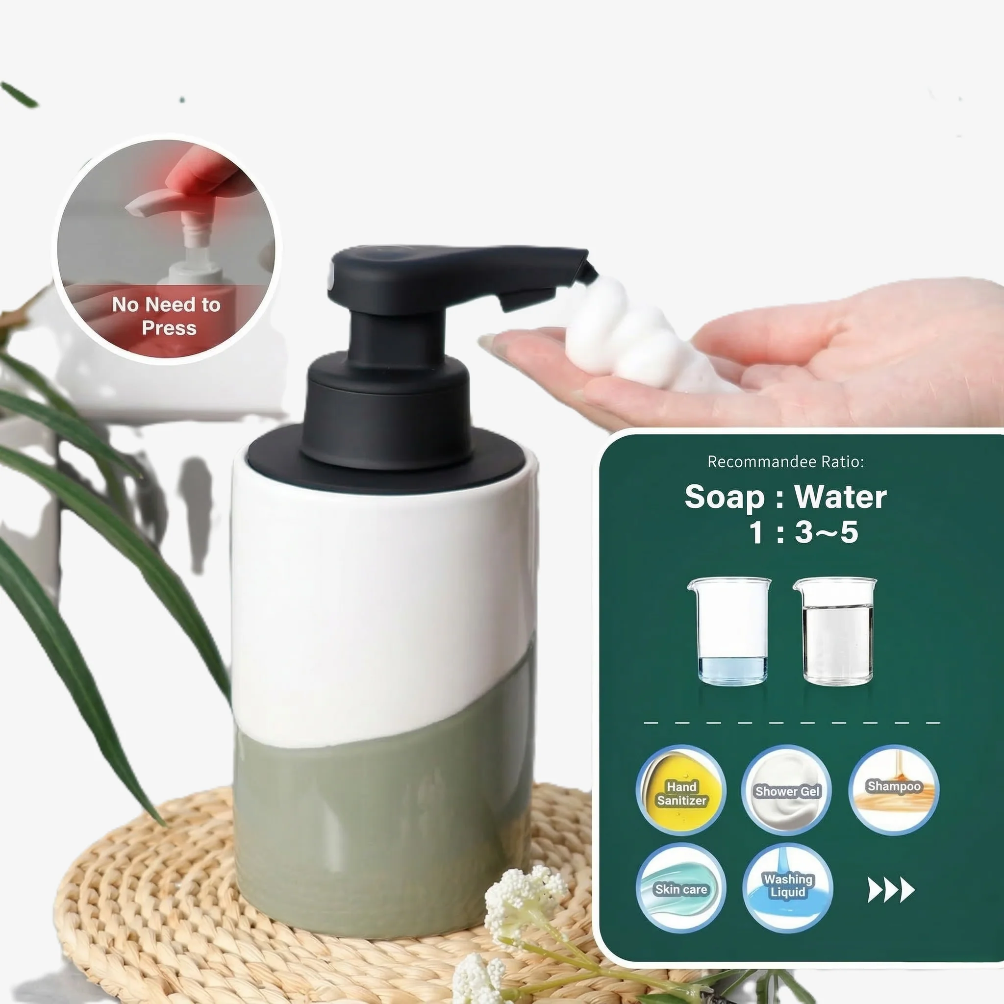 BosilunLife Nordic Garden Automatic Foaming Soap Dispenser Recycled Eco-Clay 10 oz - Image 2