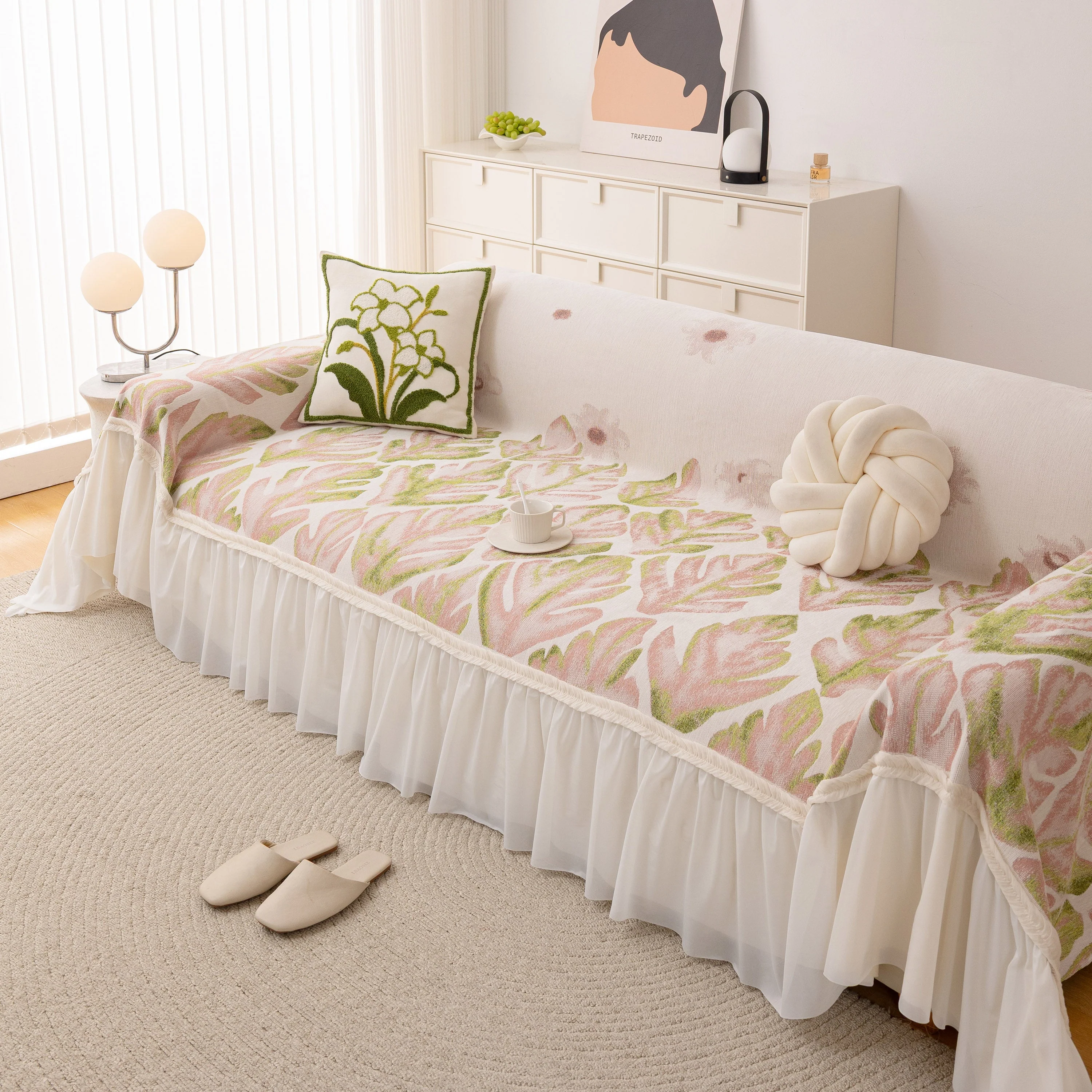 Botanical Sofa Cover with Chiffon Skirt, Floral Couch Throw Blanket for All-Season - Image 5