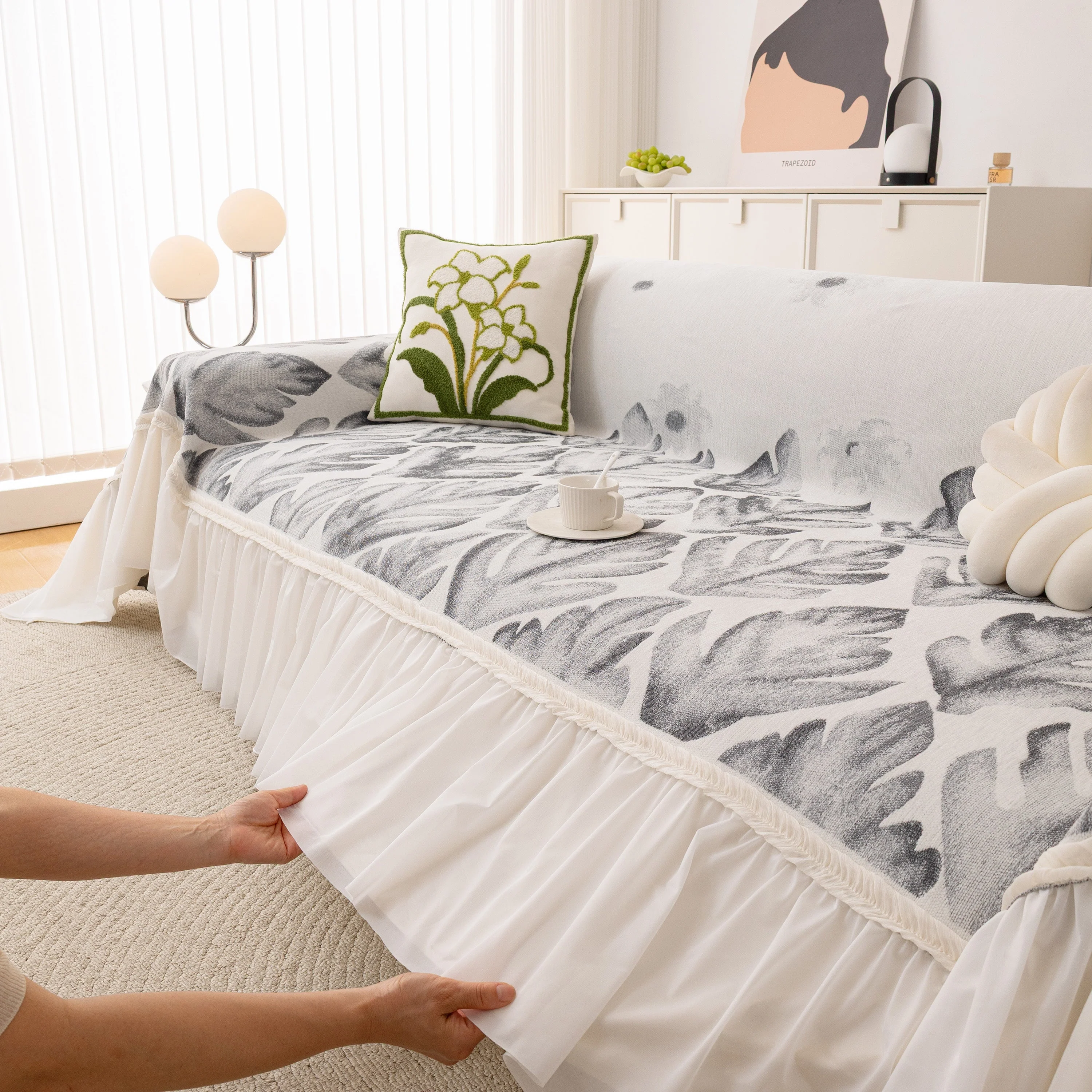 Botanical Sofa Cover with Chiffon Skirt, Floral Couch Throw Blanket for All-Season - Image 68