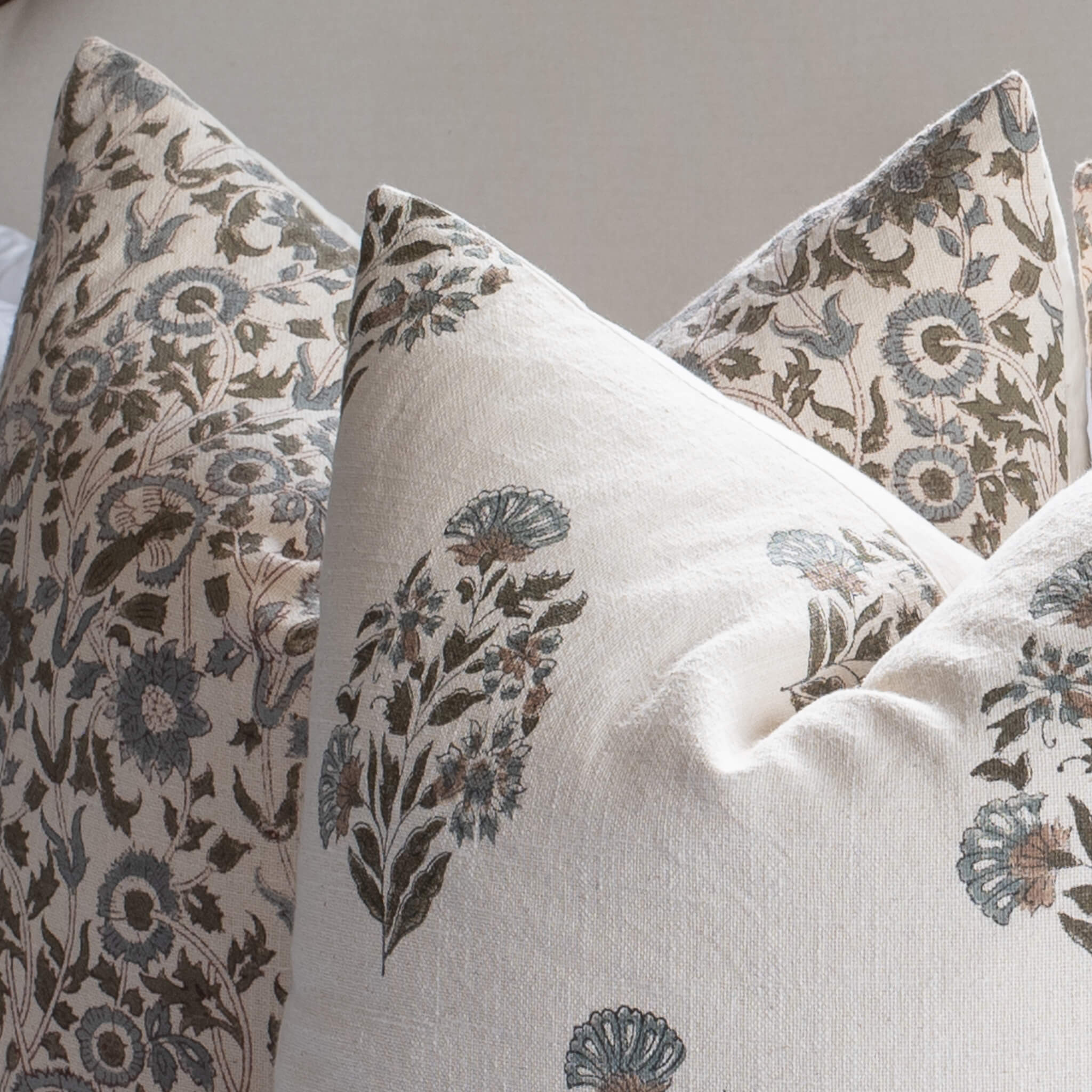 Briar Floral Block Printed Pillow Cover | Blue, Brown, Green - Image 3