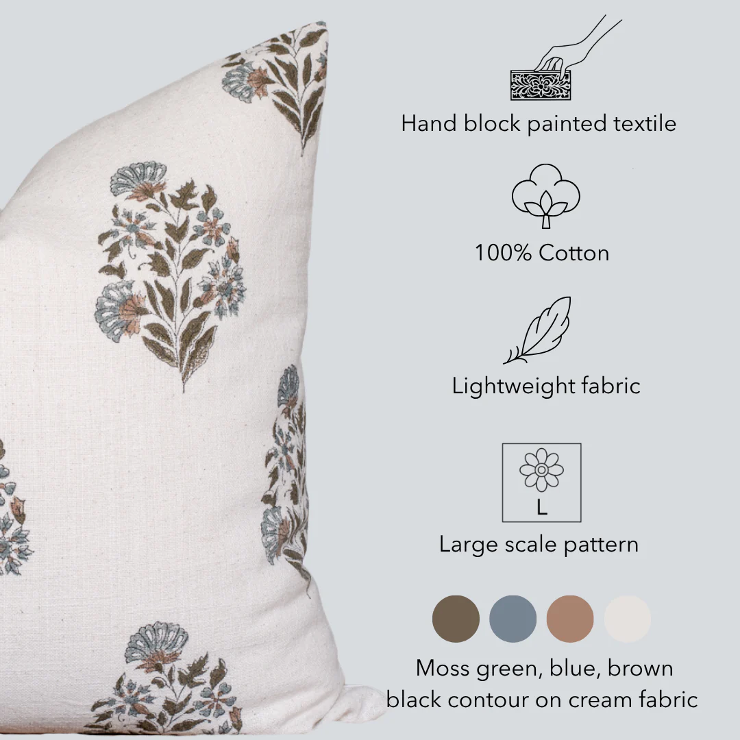 Briar Floral Block Printed Pillow Cover | Blue, Brown, Green - Image 4