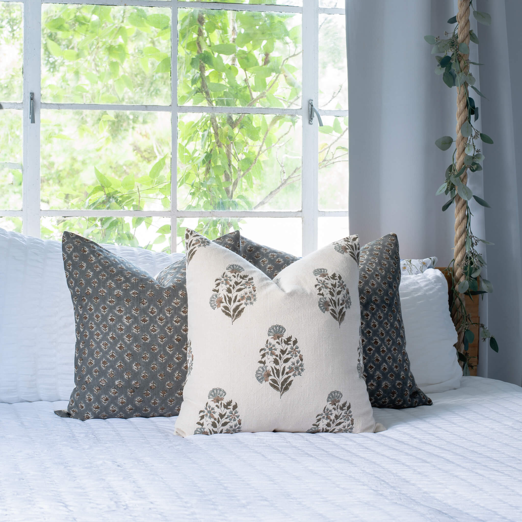 Briar Floral Block Printed Pillow Cover | Blue, Brown, Green - Image 6