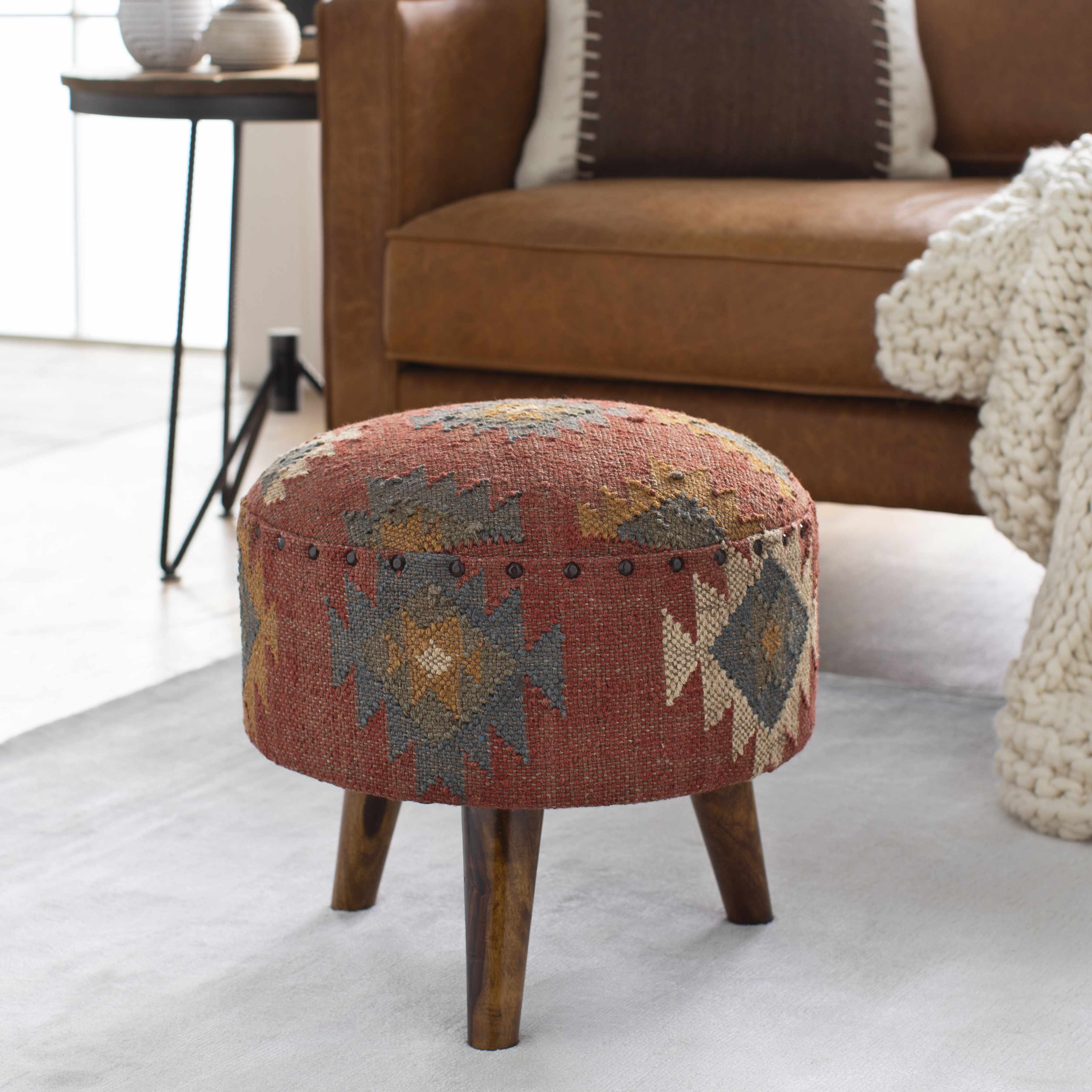 Brick Red Wood Frame Ottoman Stool - Image 3